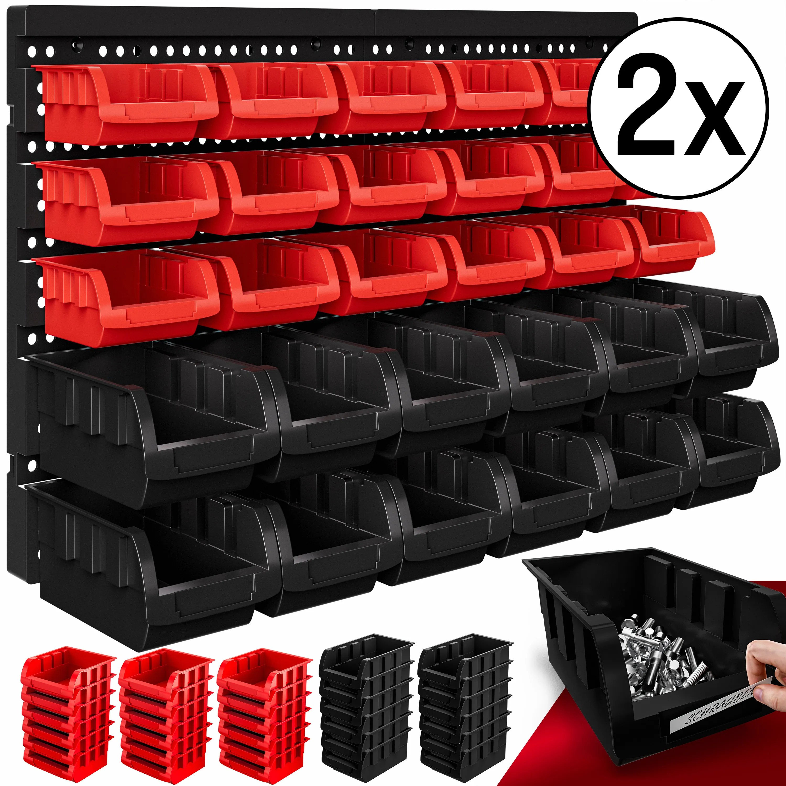 Werkzeugwand 2er-Set Schwarz/Rot mit je 30 Stapelboxen Werkzeugwand 2er-Set Schwarz/Rot mit je 30 Stapelboxen