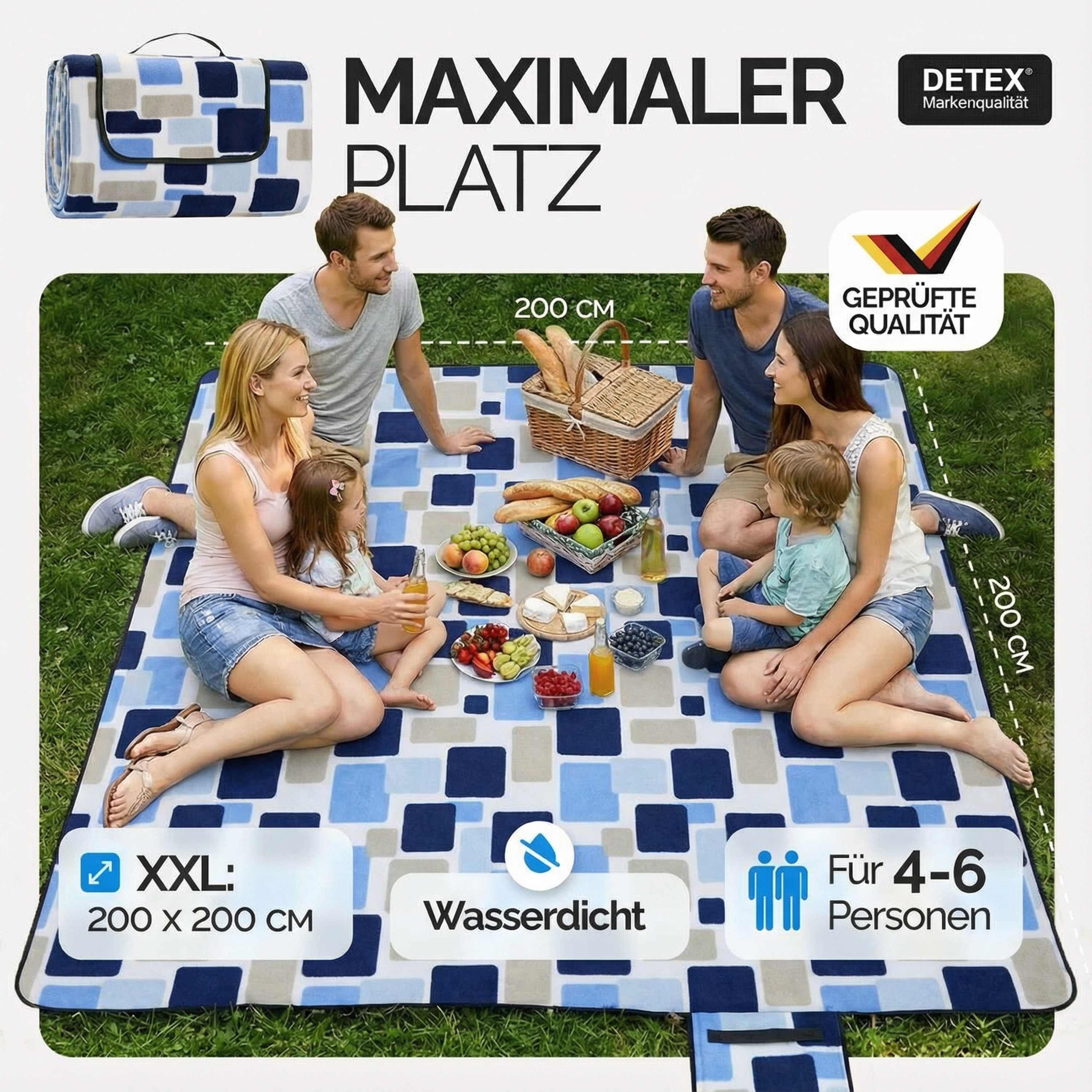 Picknickdecke Quadrate/Blau 2x2m – Bild 2