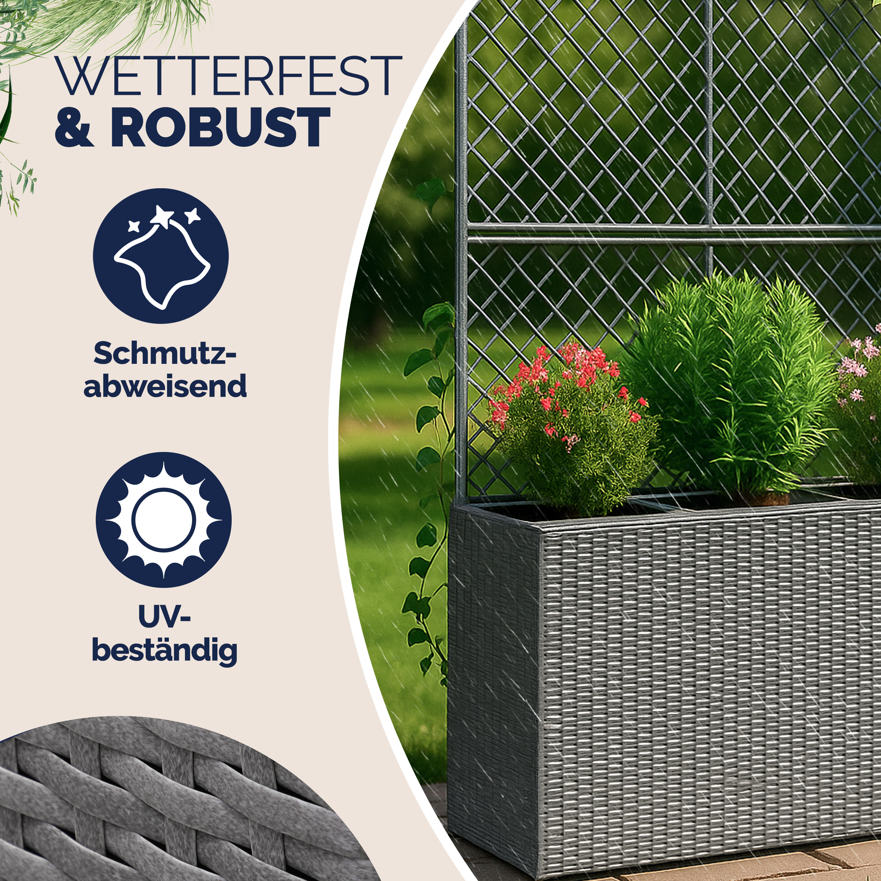 Polyrattan Blumenkasten mit Rankgitter Grau – Bild 2