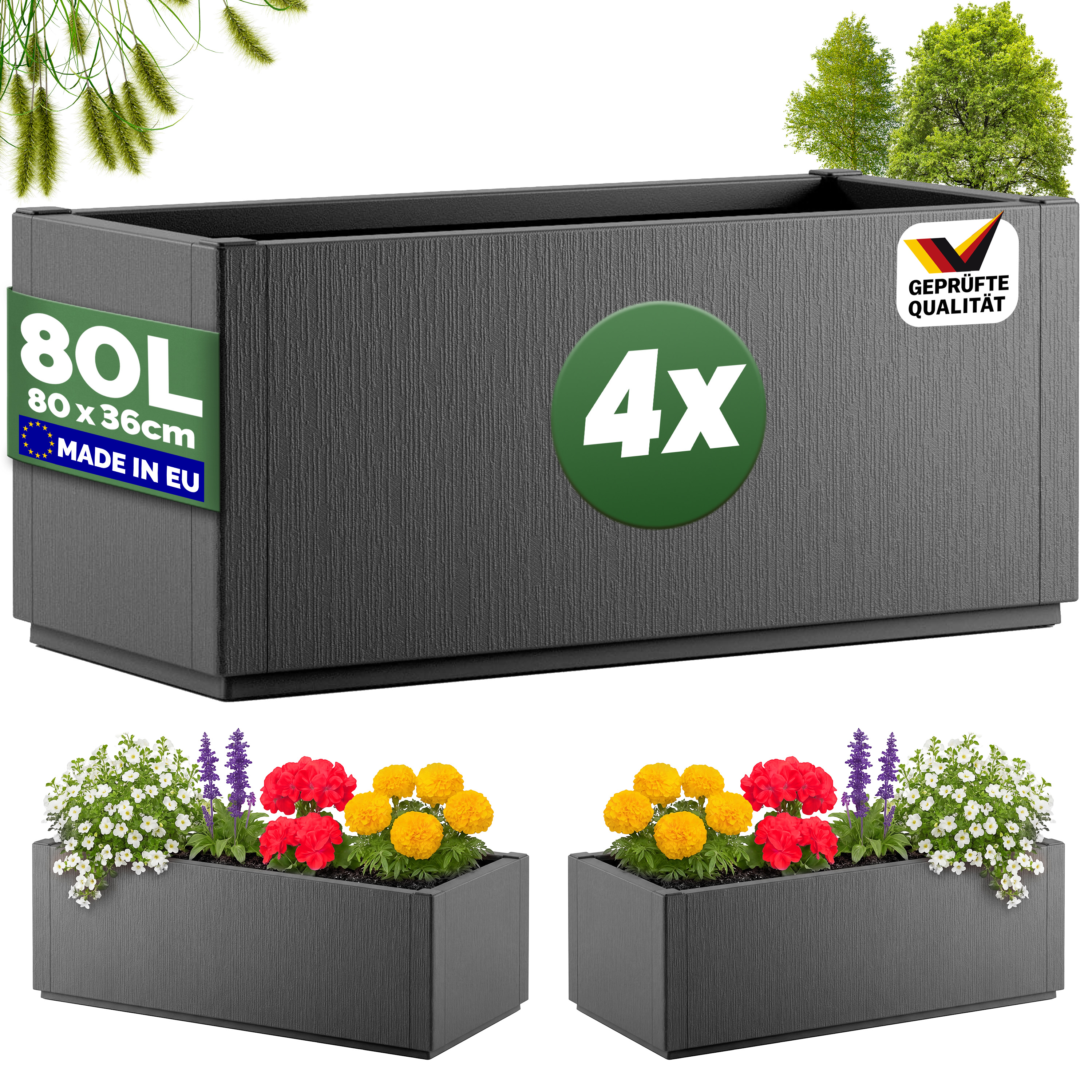 Blumentopf Ethica 4er-Set Anthrazit Kunststoff 80x36x36cm Blumentopf Ethica 4er-Set Anthrazit Kunststoff 80x36x36cm