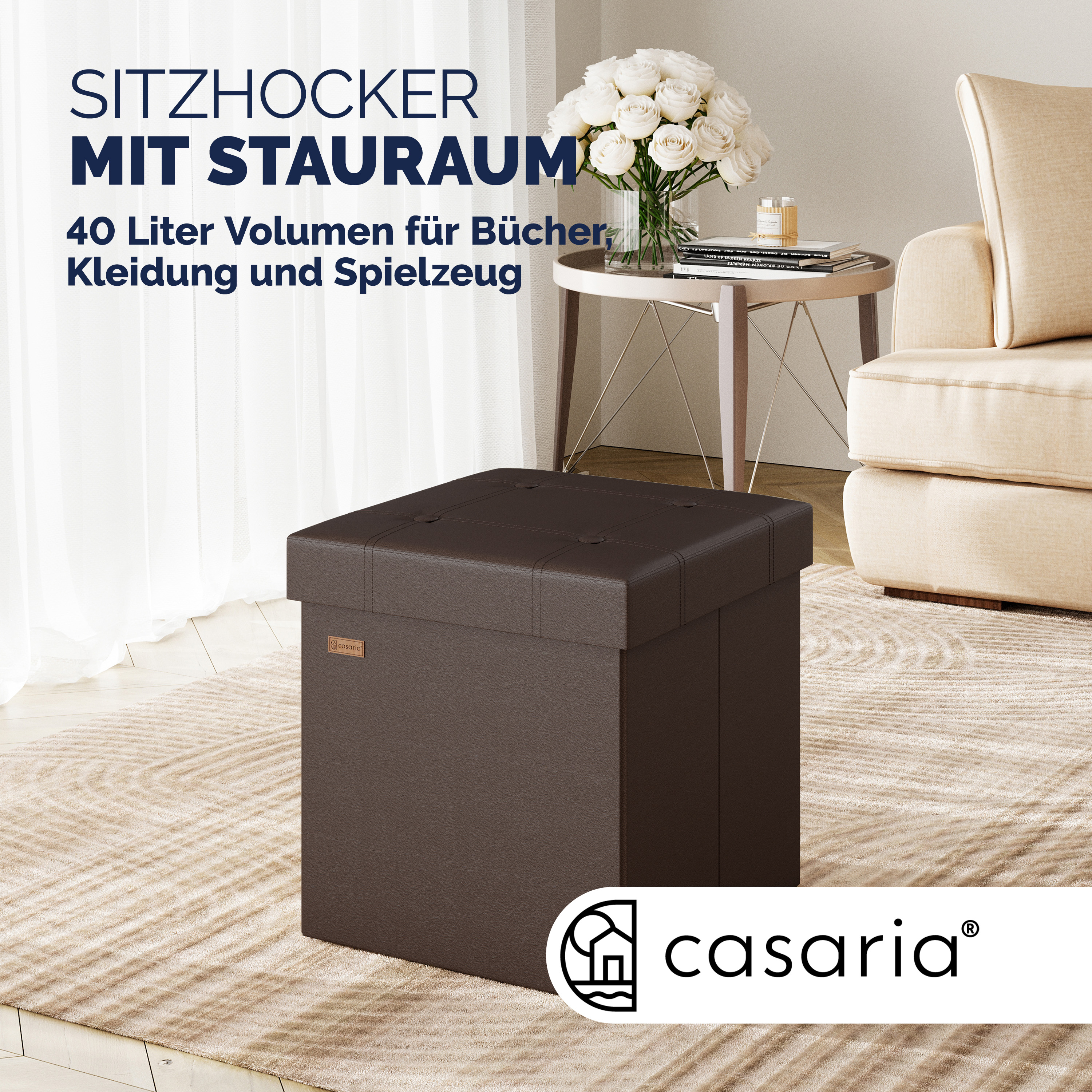 Sitzhocker 2er-Set Braun Kunstleder 38x38x38cm faltbar – Bild 2