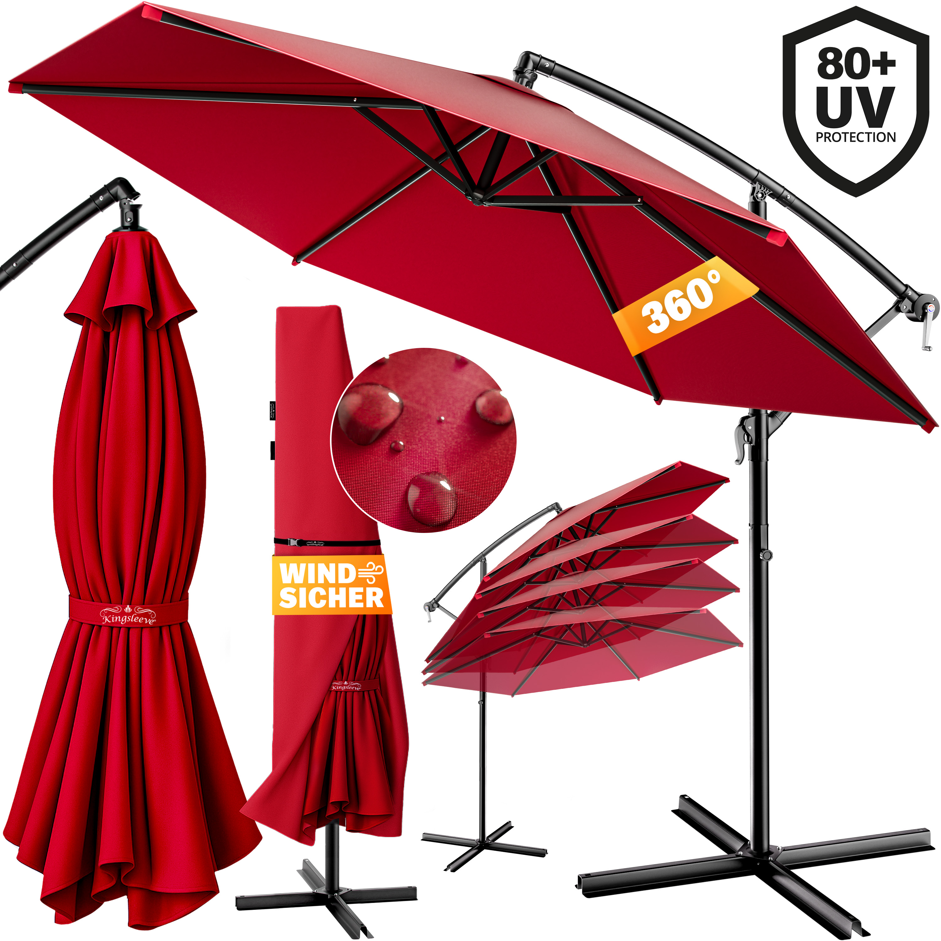 Ampelschirm Rot Ø330cm Alu UV 50+ & Fußkreuz – Bild 2