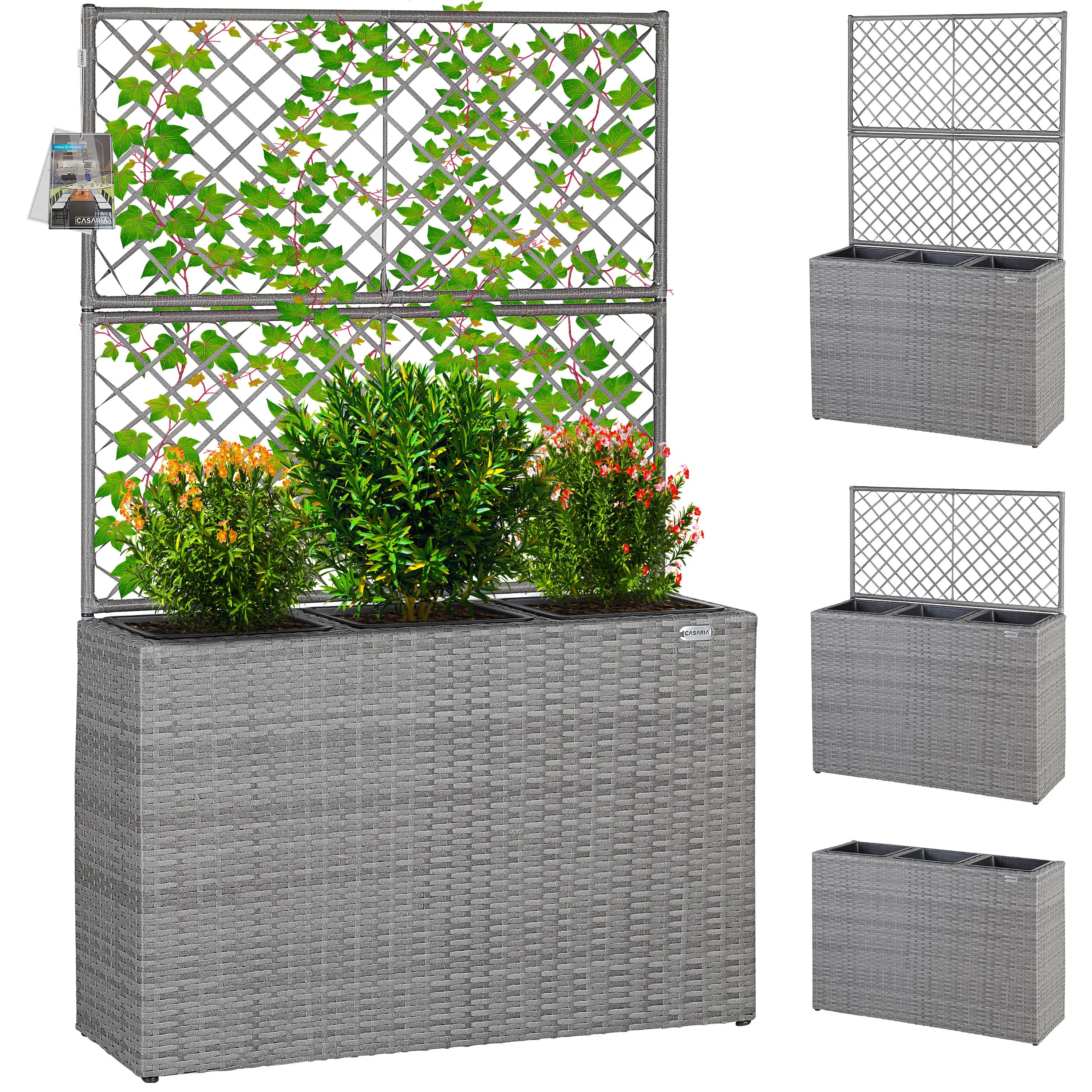 Polyrattan Blumenkasten mit Rankgitter Grau Polyrattan Blumenkasten mit Rankgitter Grau