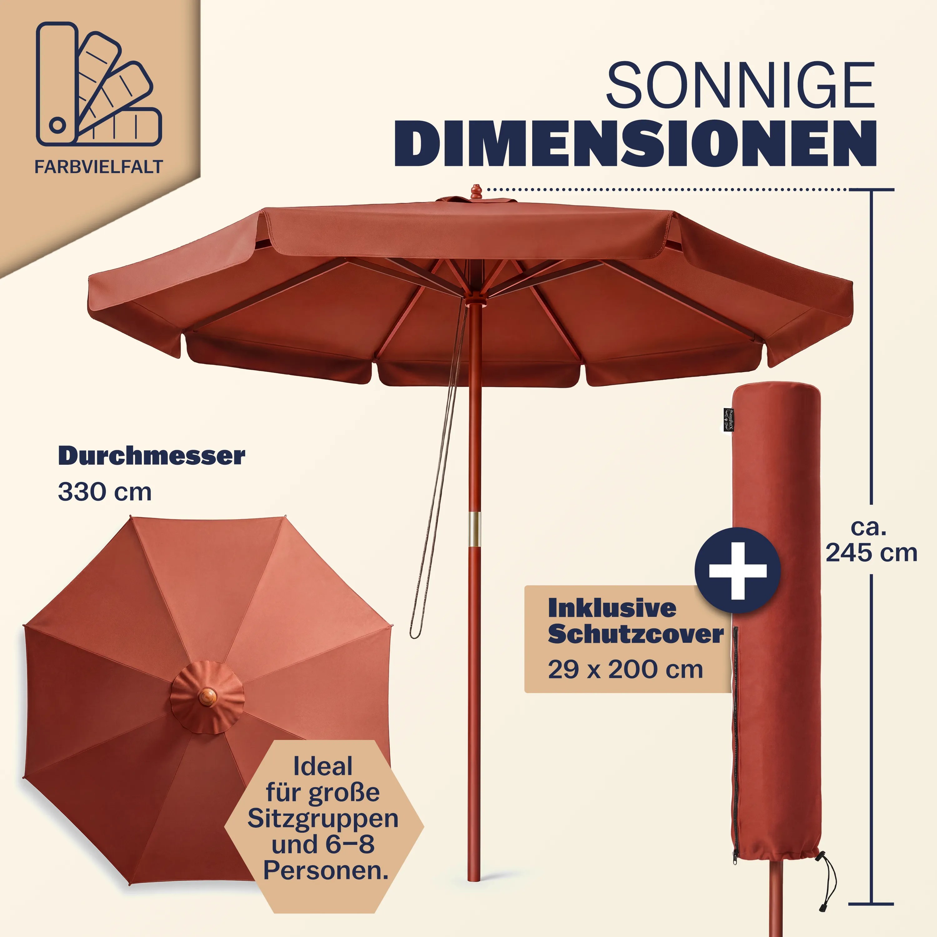Sonnenschirm Terrakotta Holz Ø330cm UV-Schutz 80+ – Bild 2