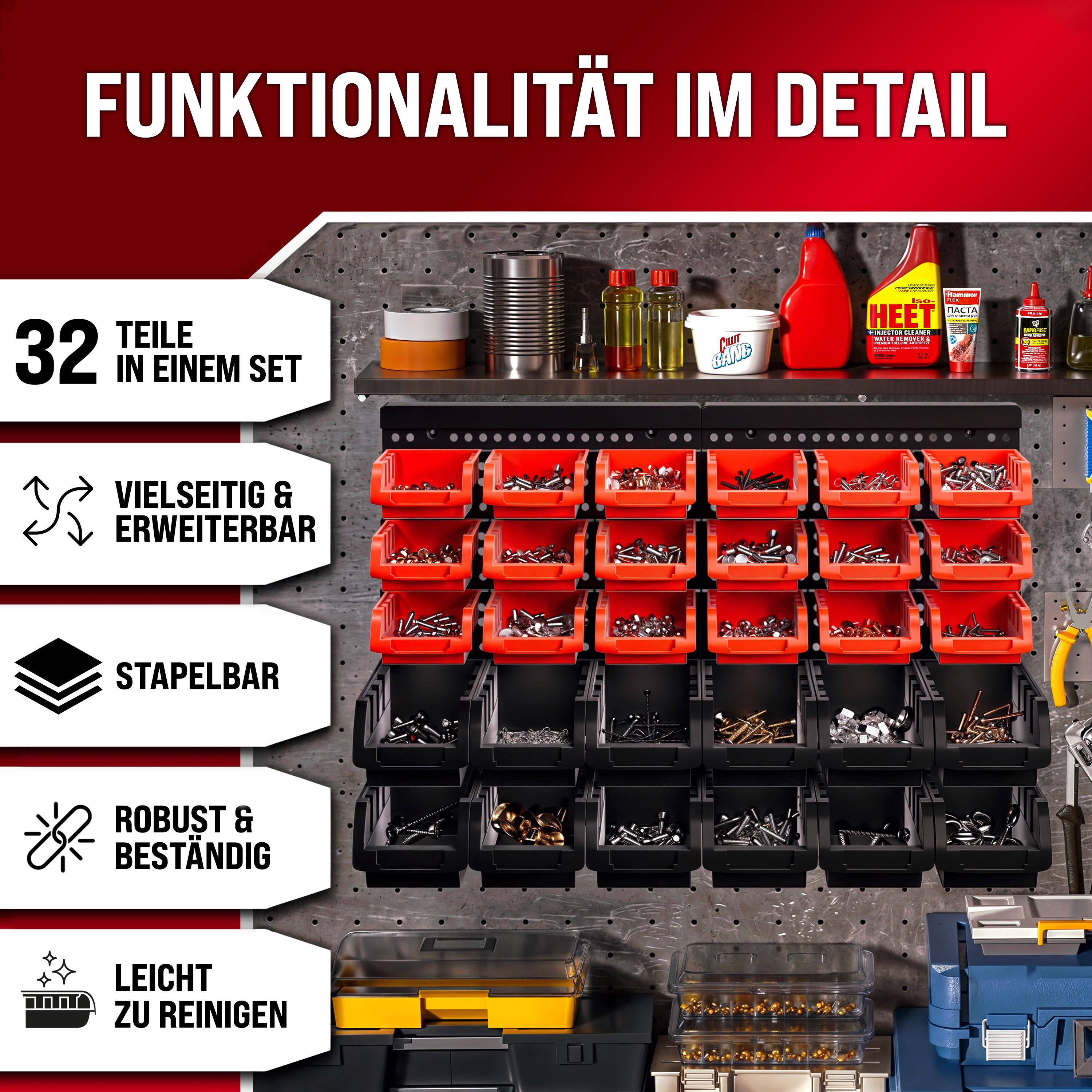 Werkzeugwand Schwarz/Rot 32-tlg mit Stapelboxen – Bild 2