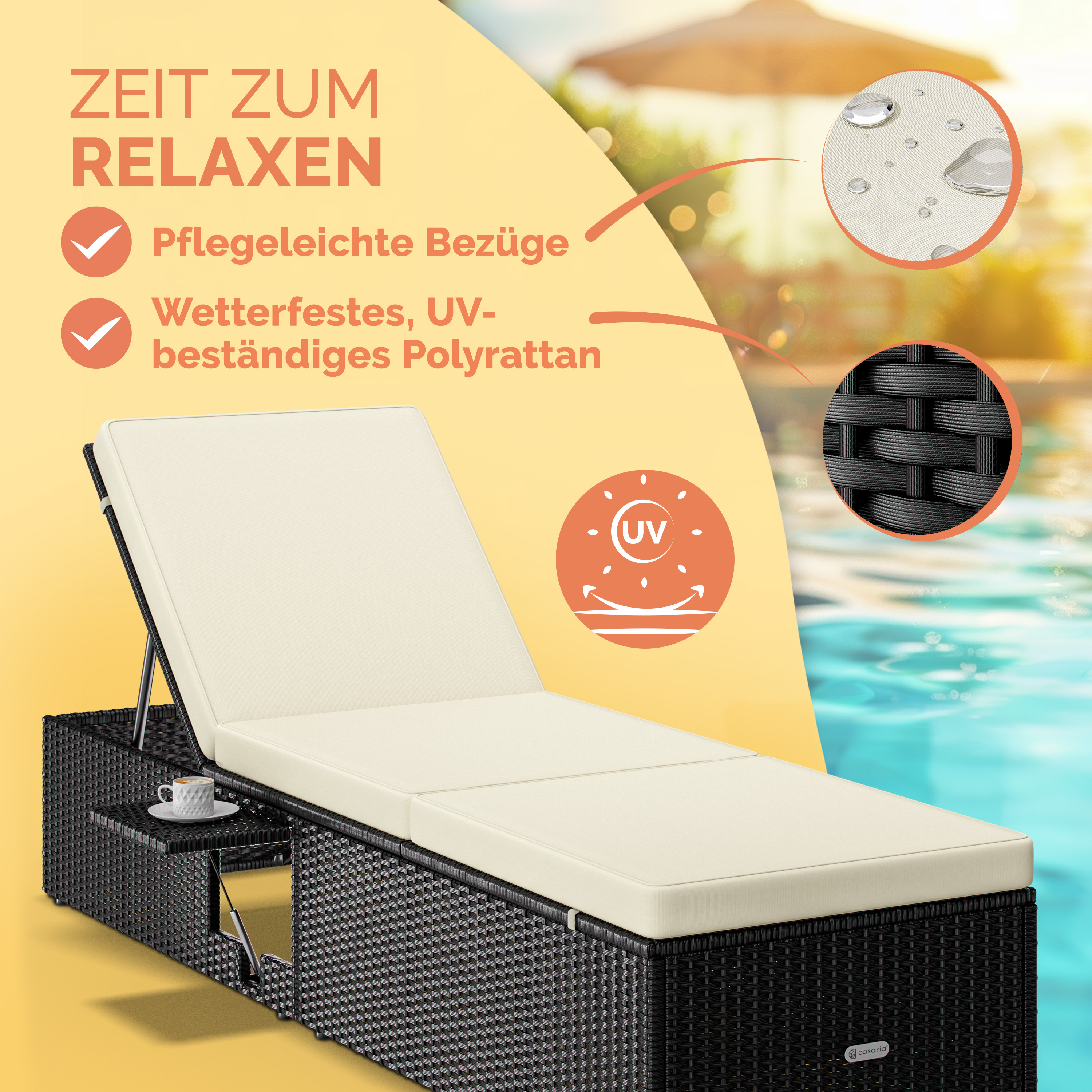 Polyrattan Gartenliege Schwarz/Creme 200x58x33cm – Bild 2