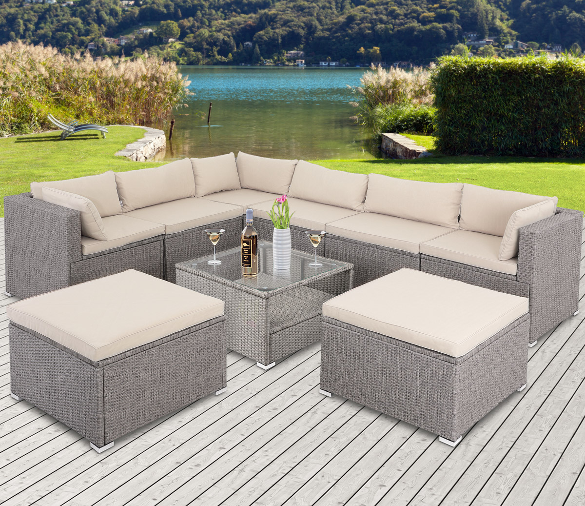 Polyrattan Ecklounge XXL Creme/Beige inkl Kissen – Bild 2