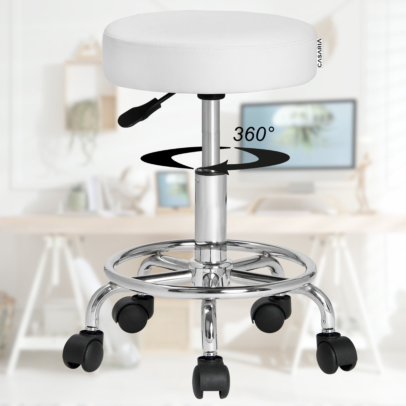 Rollhocker Kunstleder Weiß 360° drehbar Fußablage – Bild 2