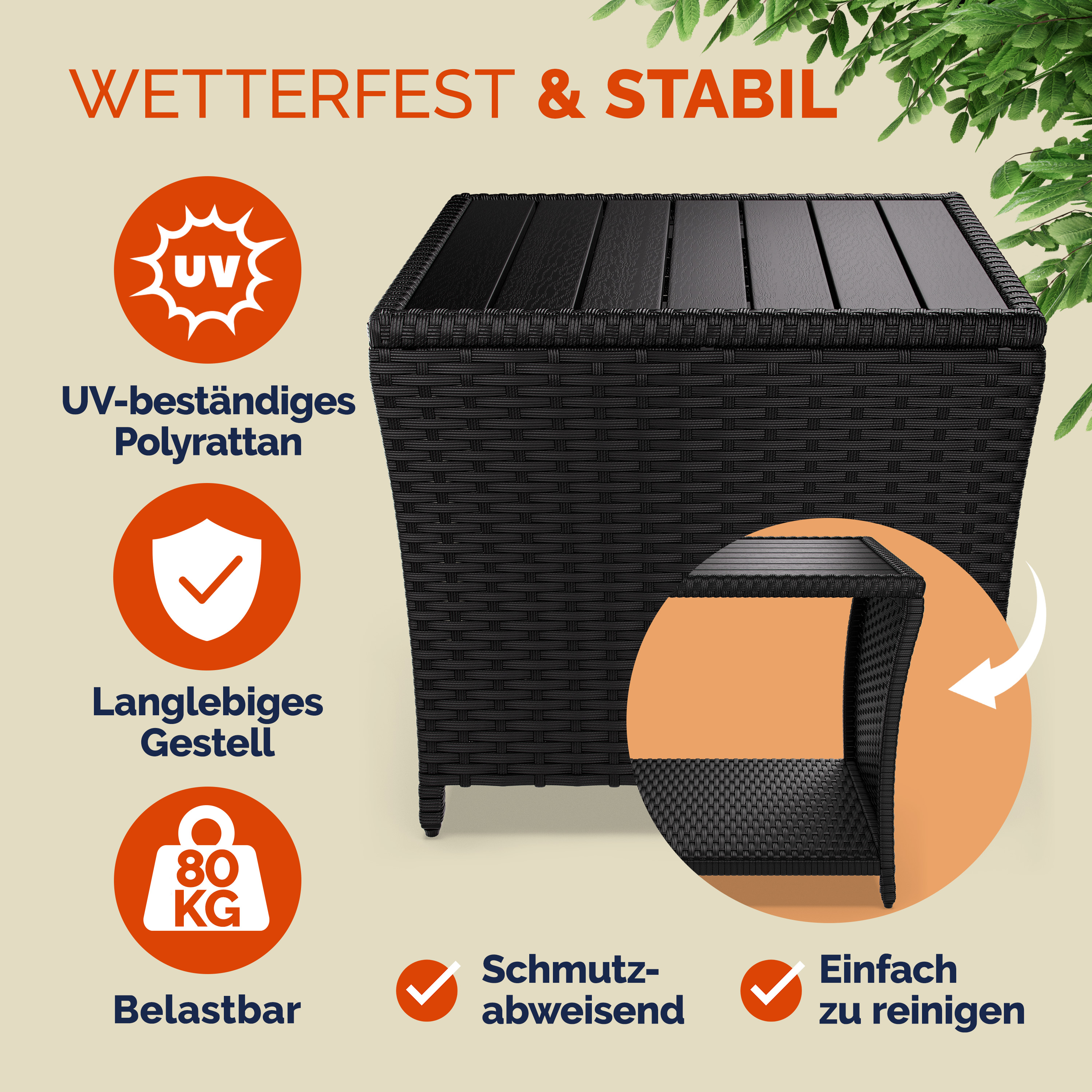 Polyrattan Beistelltisch Vedis Schwarz 45x45x40cm – Bild 2