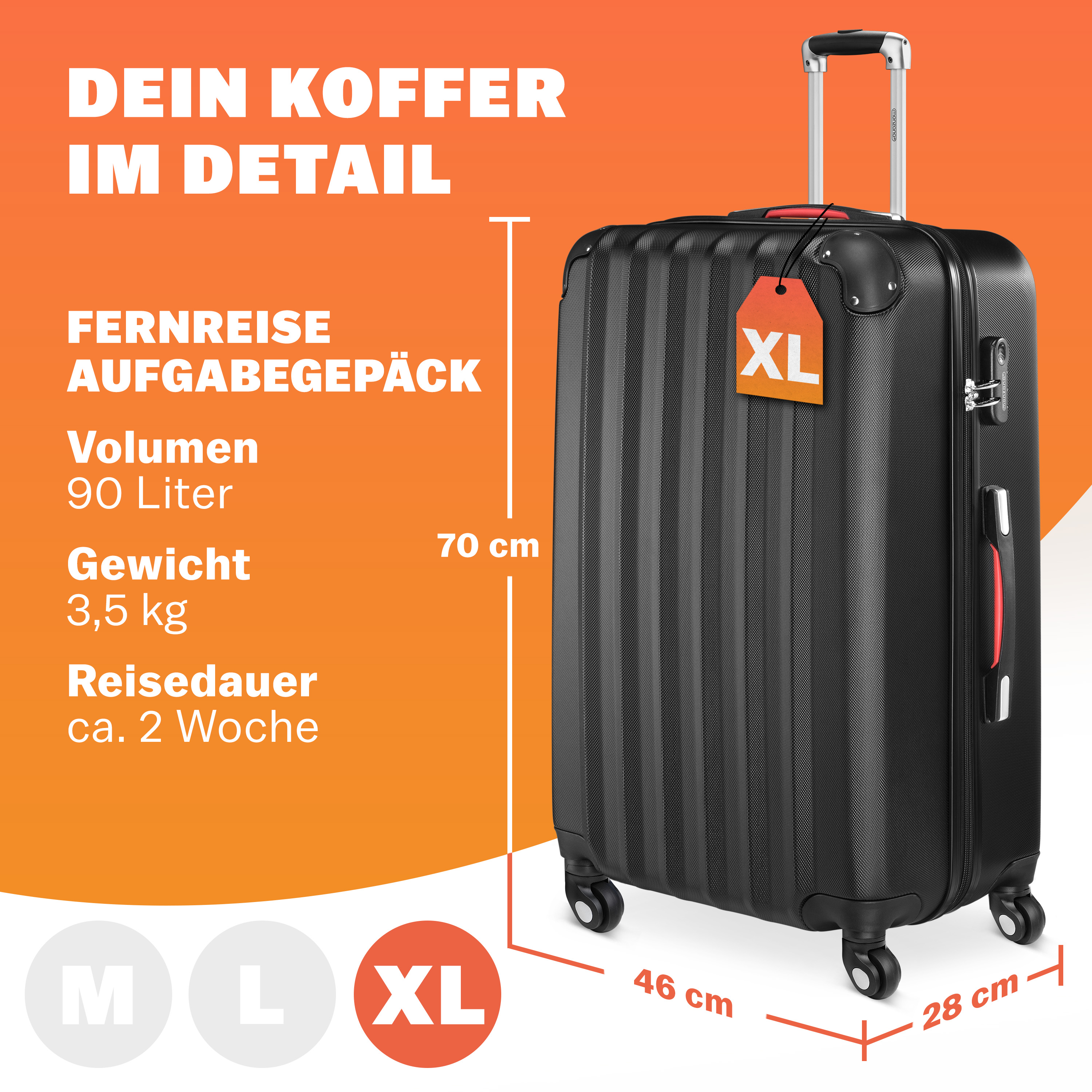 Hartschalenkoffer XL Rollen 360º Reisekoffer 90L Schwarz ABS – Bild 2