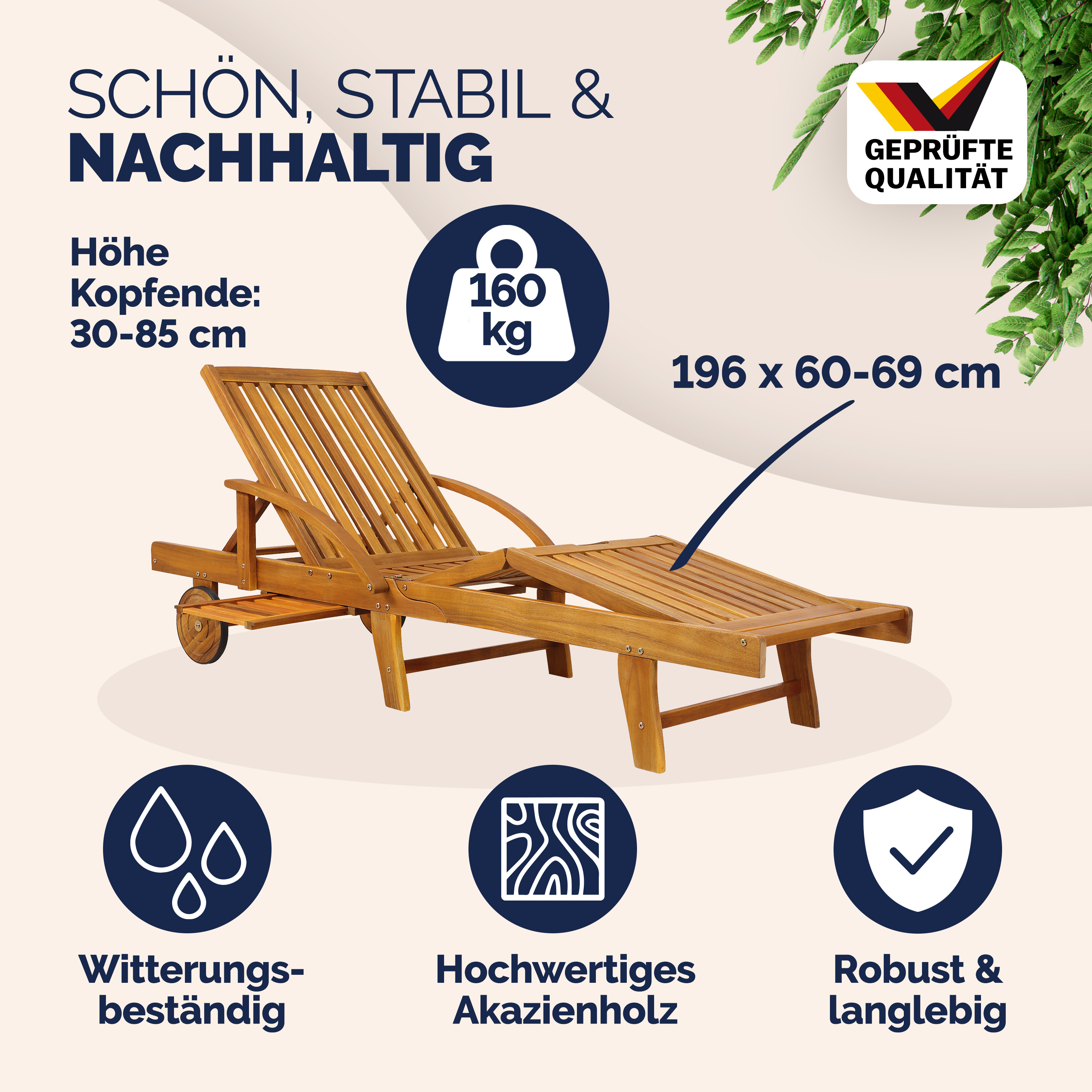 Gartenliege 2er-Set Akazienholz klappbar mit Ausziehtisch und Rollen – Bild 2