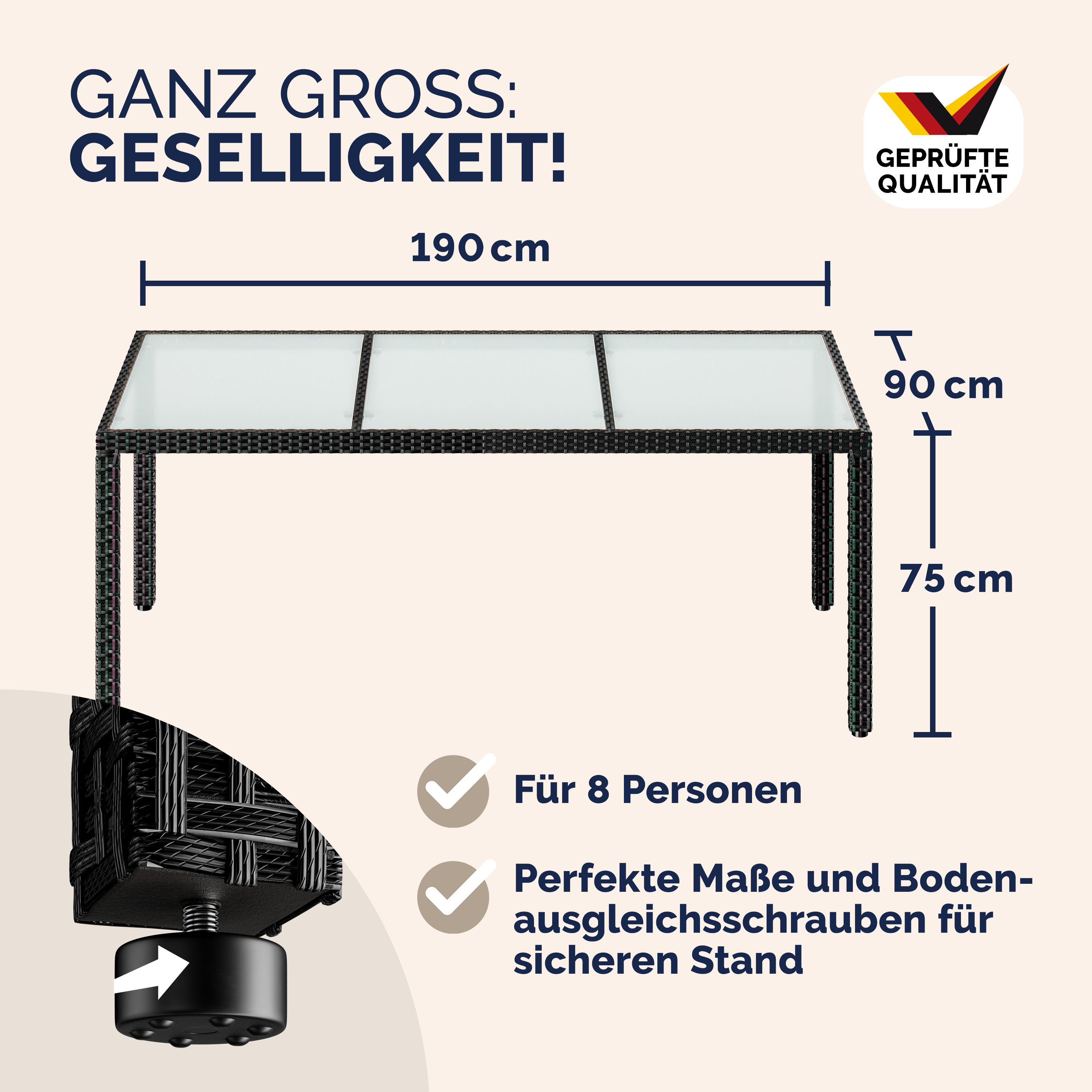 Polyrattan Gartentisch Schwarz 190x90x75cm Glas – Bild 2