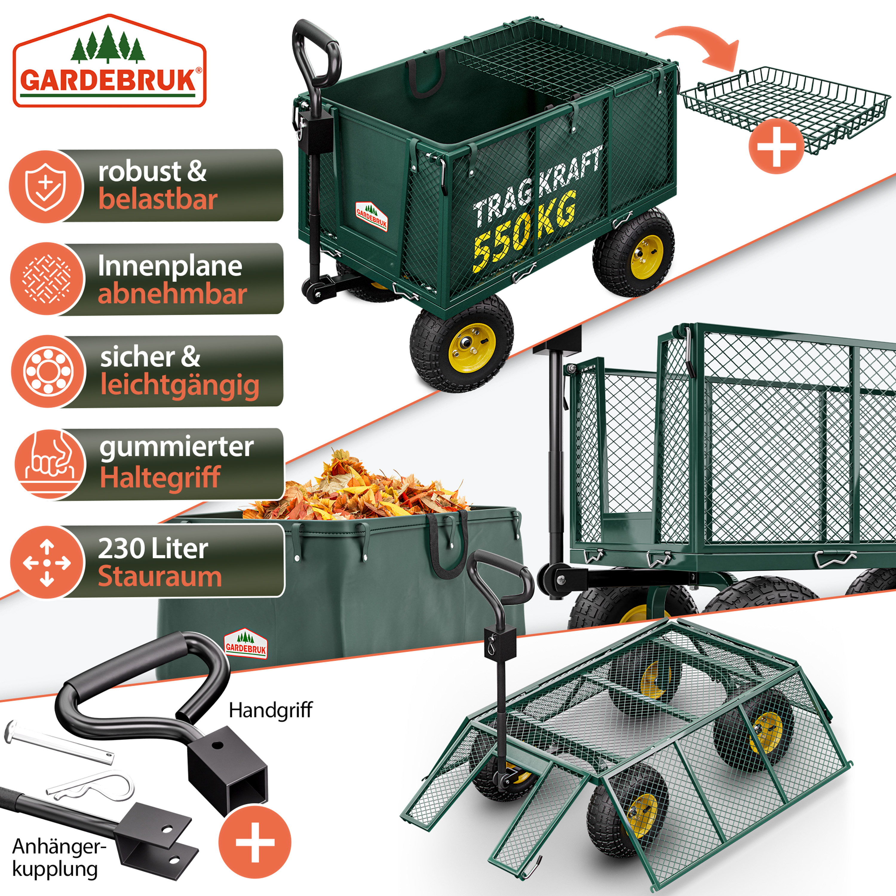 Transportwagen 550 kg Grün 110x75x52cm mit 4 Luftreifen & Plane – Bild 2