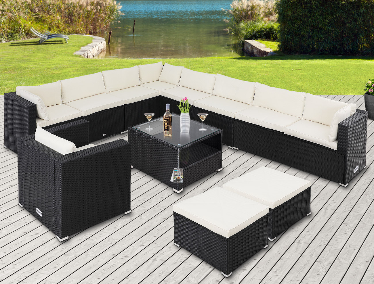 Polyrattan Ecklounge XXXL Schwarz/Creme inkl Kissen – Bild 2