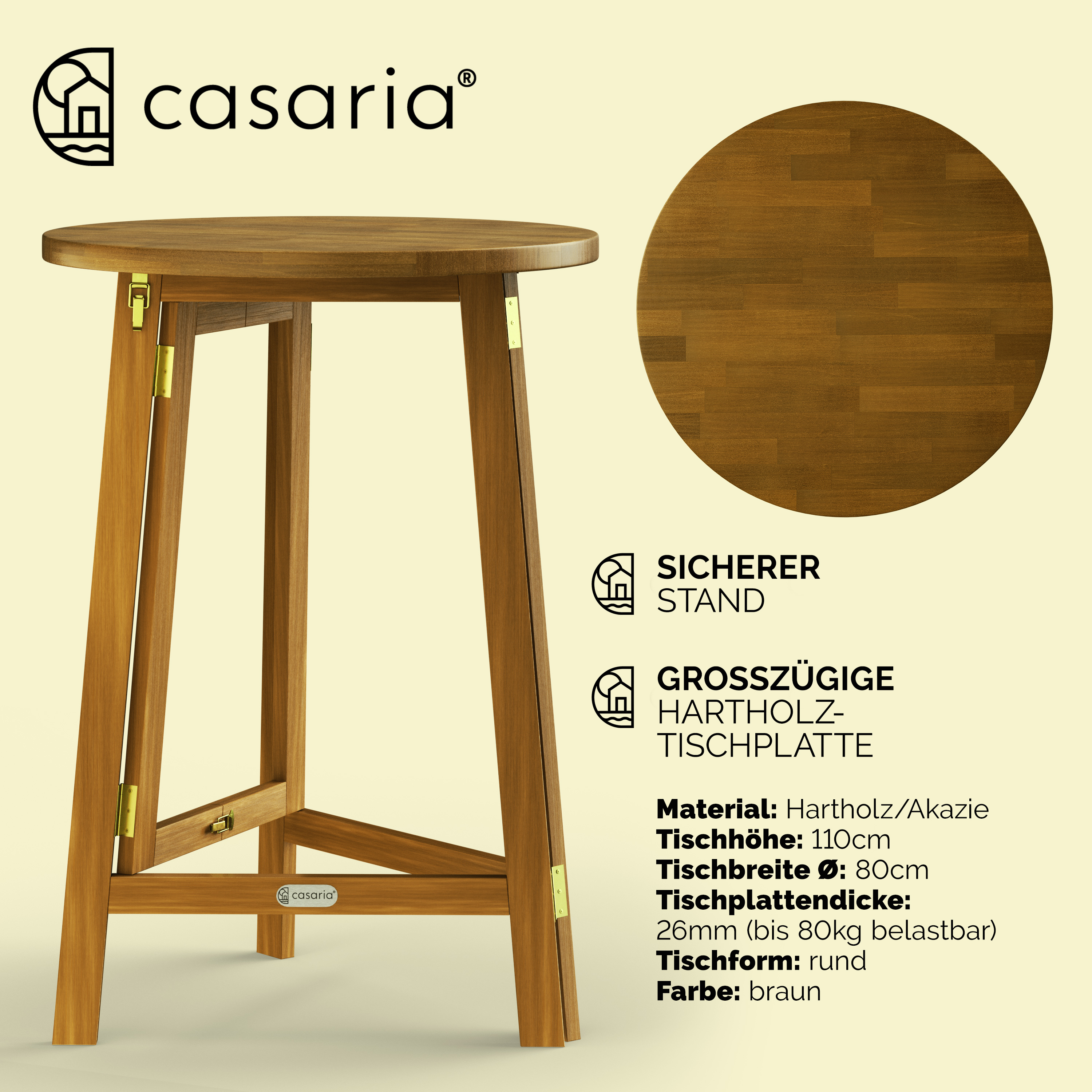 Stehtisch klappbar Akazienholz Ø80cm H110cm wetterfest stabil – Bild 2