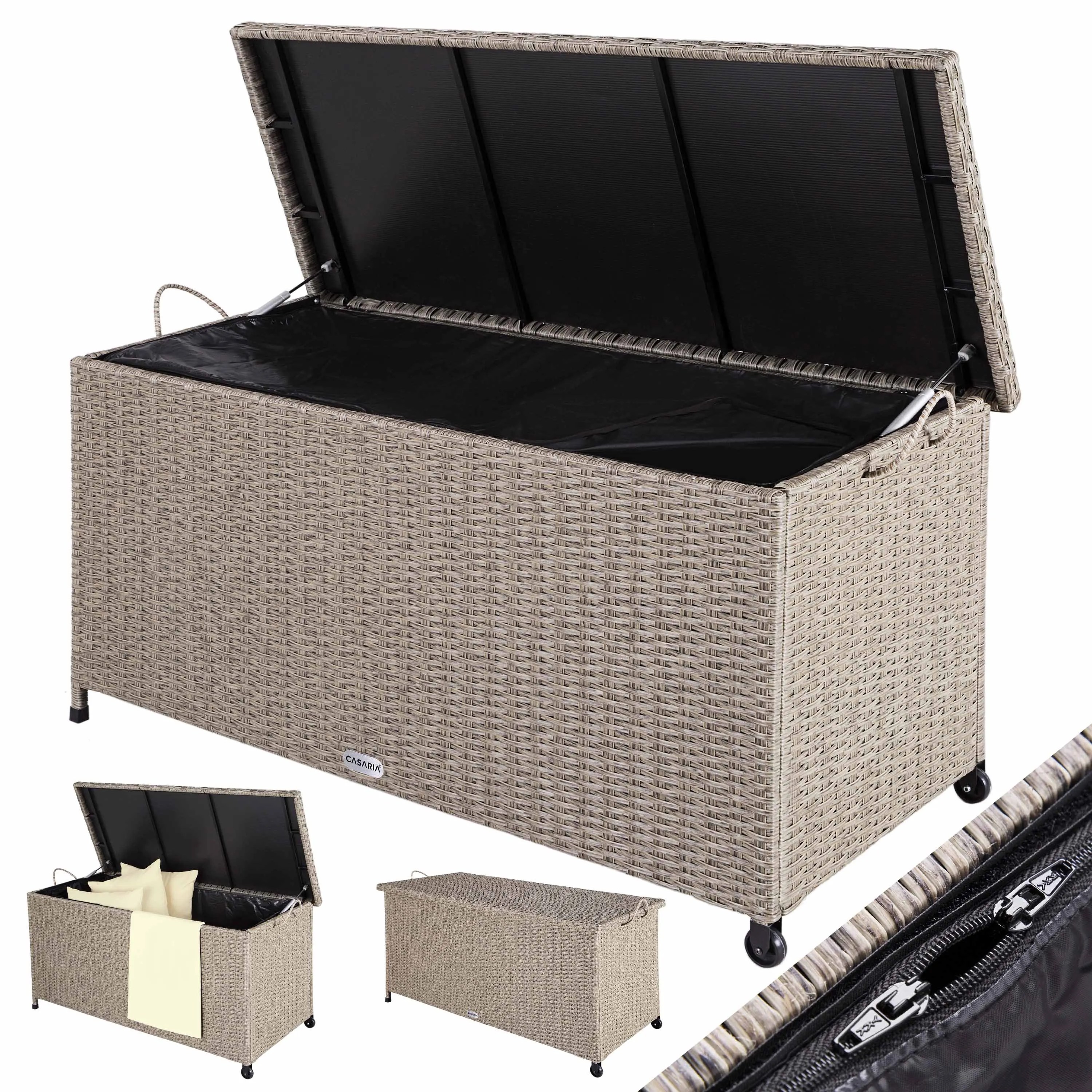 Polyrattan Auflagenbox Creme 117x53x60cm Rollen Polyrattan Auflagenbox Creme 117x53x60cm Rollen