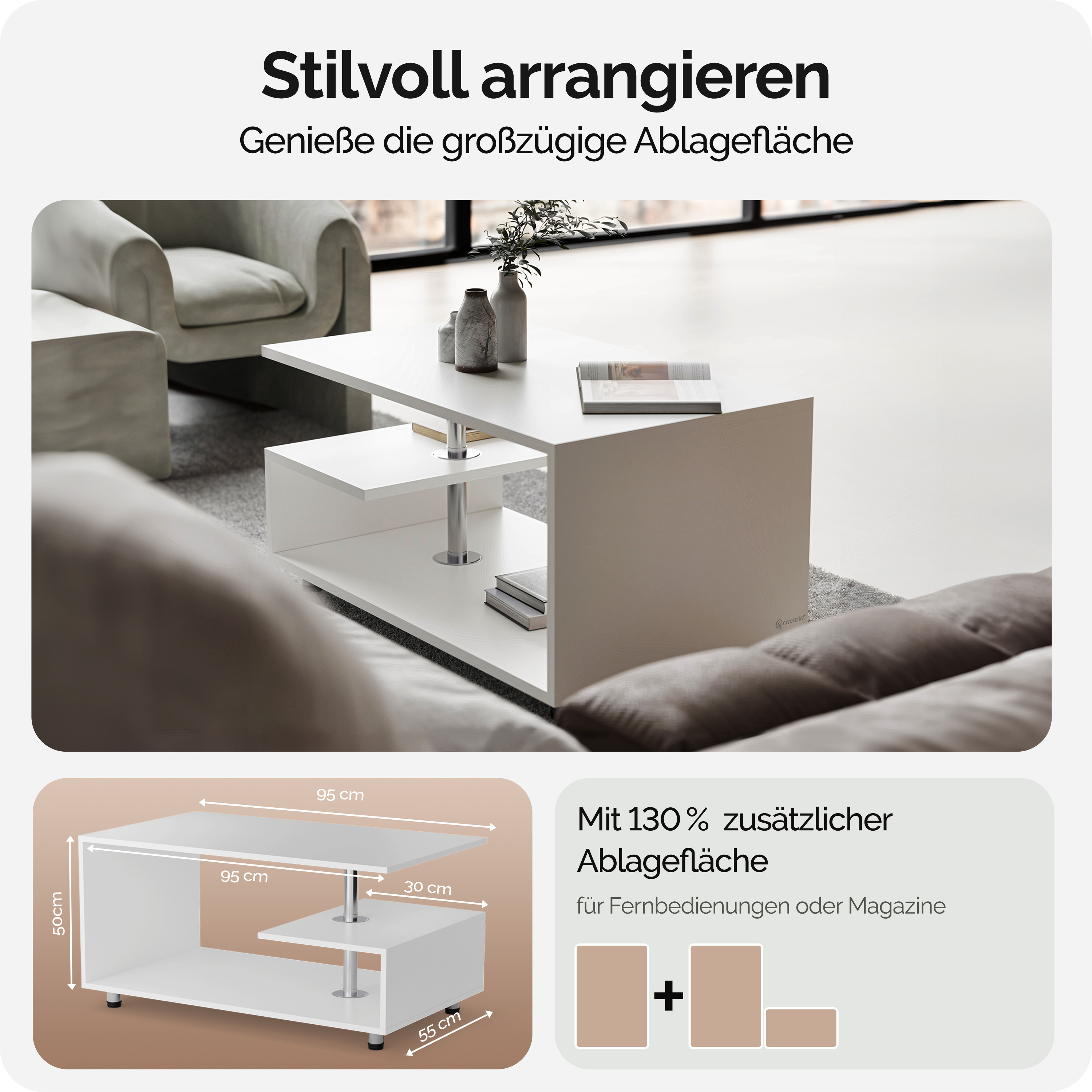 Couchtisch Orlando Weiß 95x55x50cm – Bild 2