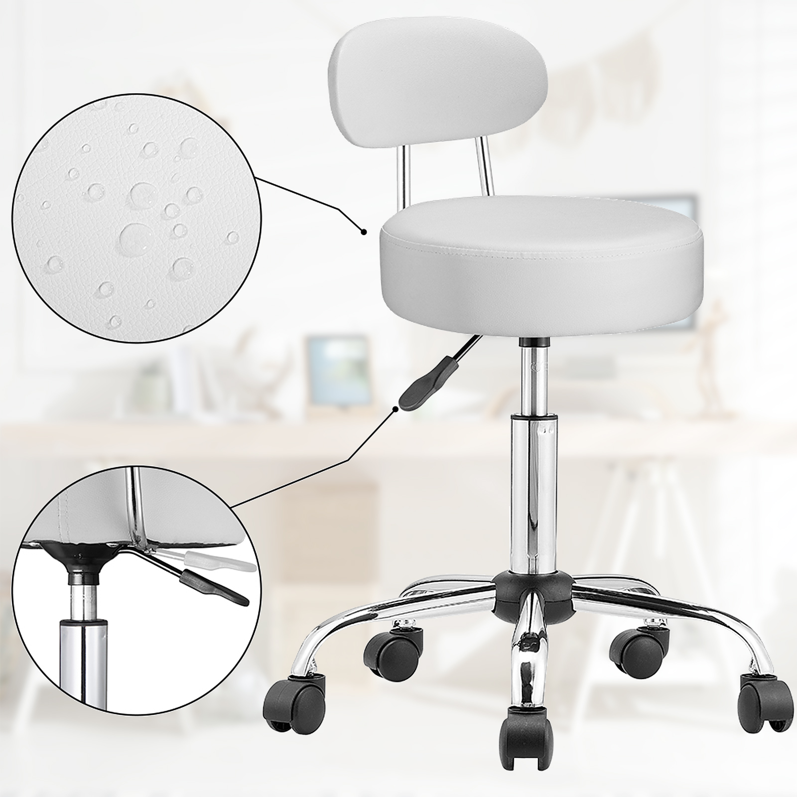 Rollhocker 2er-Set Weiß 360° drehbar mit Rückenlehne – Bild 2