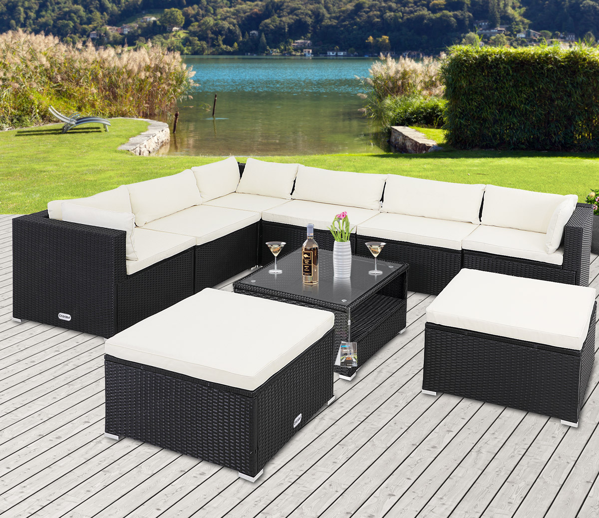 Polyrattan Ecklounge XXL Schwarz/Creme inkl Kissen – Bild 2