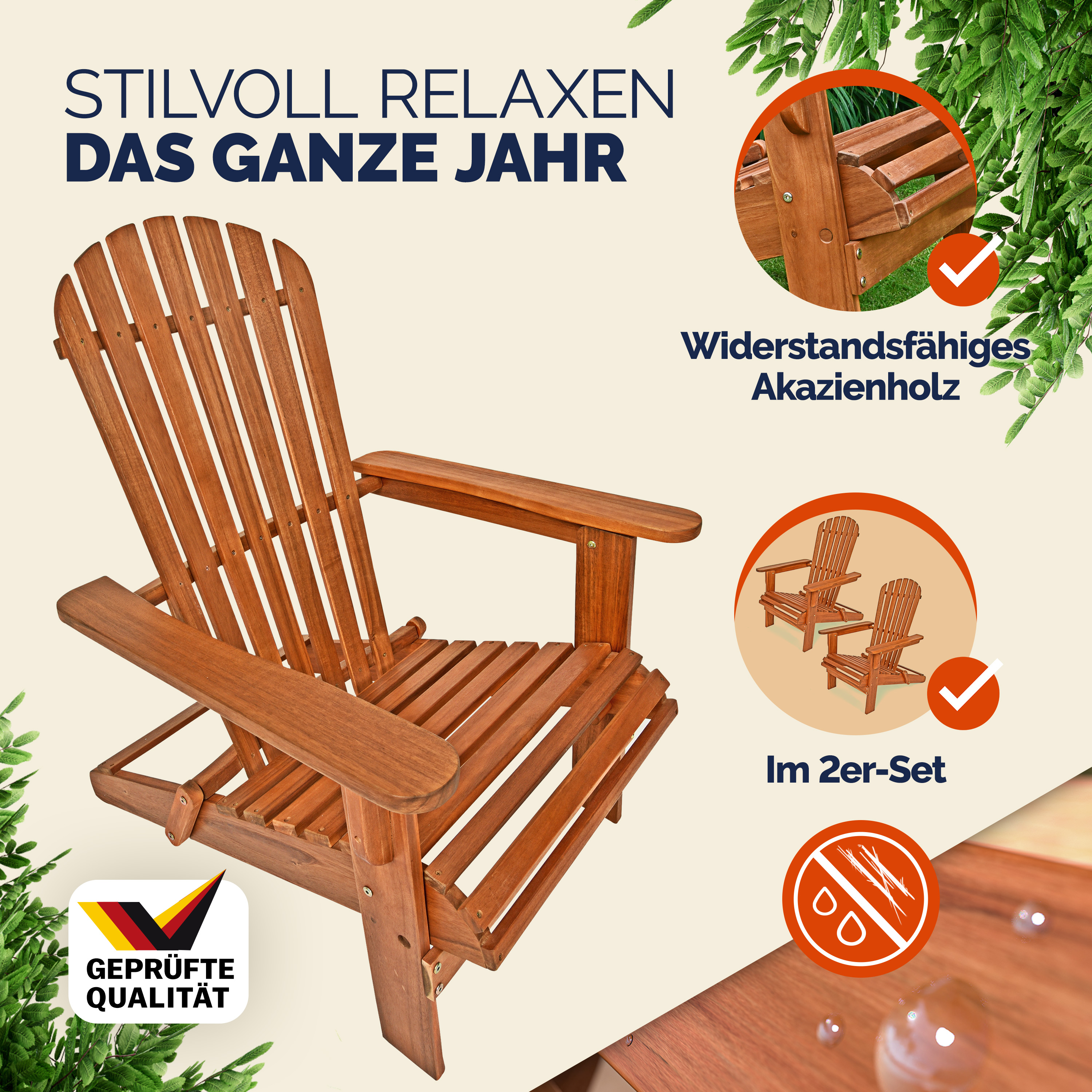Liegestuhl Adirondack 2er-Set Akazienholz klappbar – Bild 2