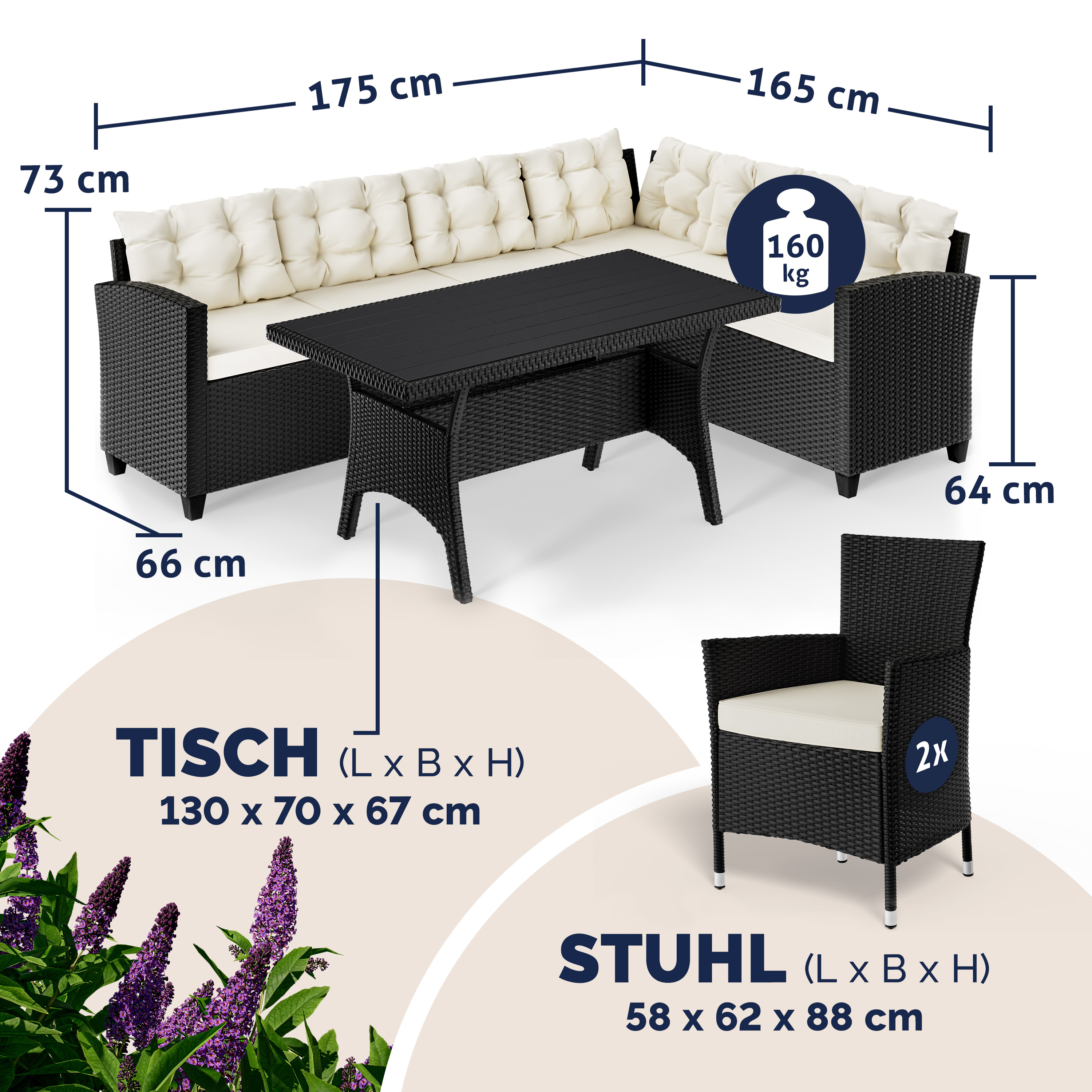Polyrattan Ecklounge Lissabon Schwarz/Creme inkl 2 Stühlen – Bild 2