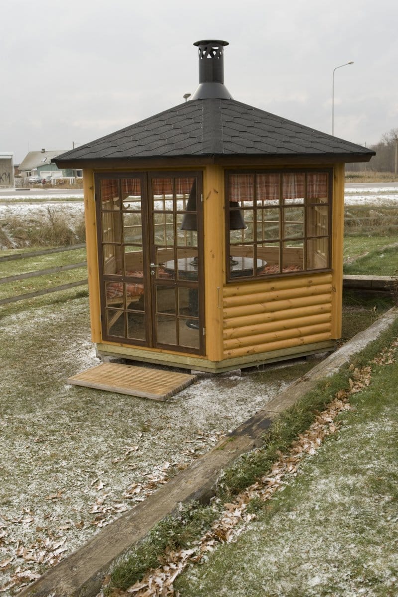 Grillhütte “Seattle” 3x3m | Sechseckige Garten-Grillhütte mit Sitzgelegenheiten und Holzkohlegrill | Indoor-Garten-Grill – Bild 2