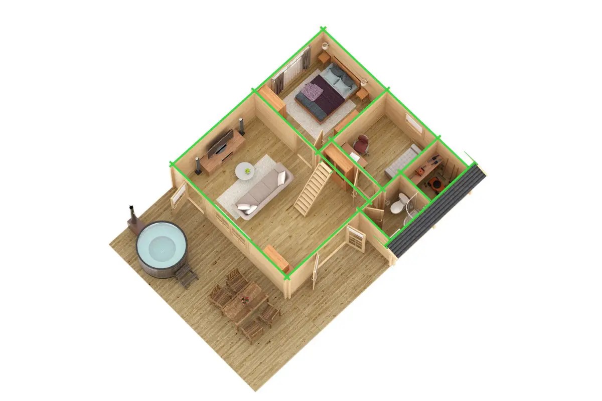 Blockhaus mit Schlafboden “Dakota” 7x7m | Großes Gartenhaus mit Schlafboden | Blockbohlenhaus mit Satteldach | Blockhaus kaufen – Bild 2