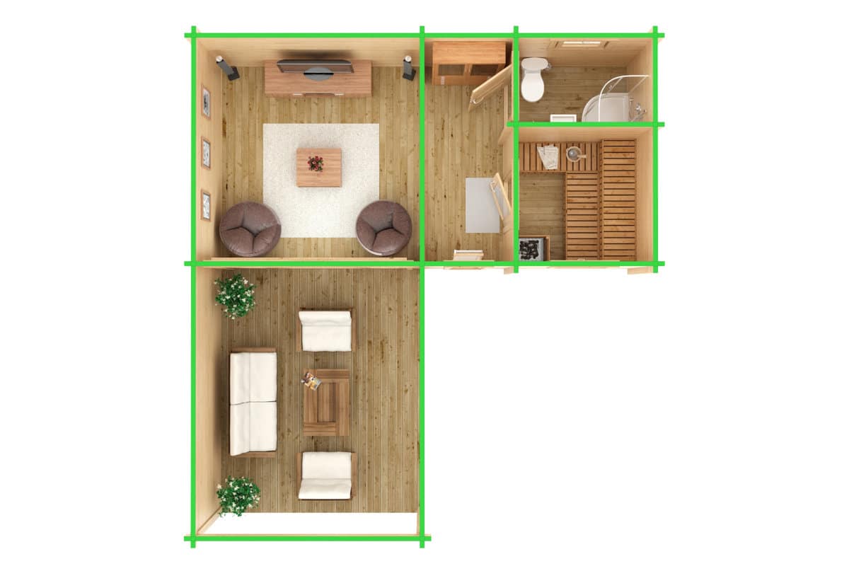 Gartenhaus mit Sauna und Terrasse “Hansa B” 7x7m | Gartenhaus mit Sauna | 3x7m großes Gartenhaus mit Anbau – Bild 2
