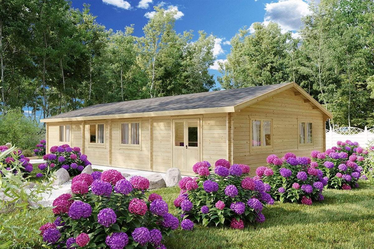 Blockhaus mit drei Schlafzimmern “Hansa Holiday G” 14x8m Blockhaus mit drei Schlafzimmern “Hansa Holiday G” 14x8m