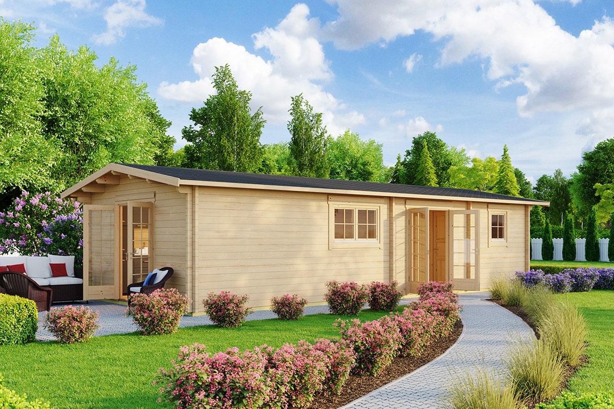 Blockbohlenhaus mit zwei Schlafzimmern “Murcia” 11x5m Blockbohlenhaus mit zwei Schlafzimmern “Murcia” 11x5m