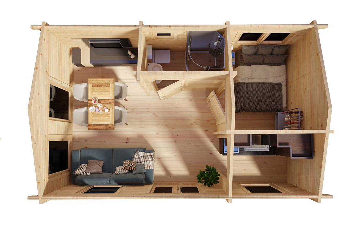 Kleines Blockhaus mit einem Schlafzimmer “Schweden C” 6x4m | Großes Gartenhaus 5x7m | Blockhaus | Blockbohlenhaus – Bild 2