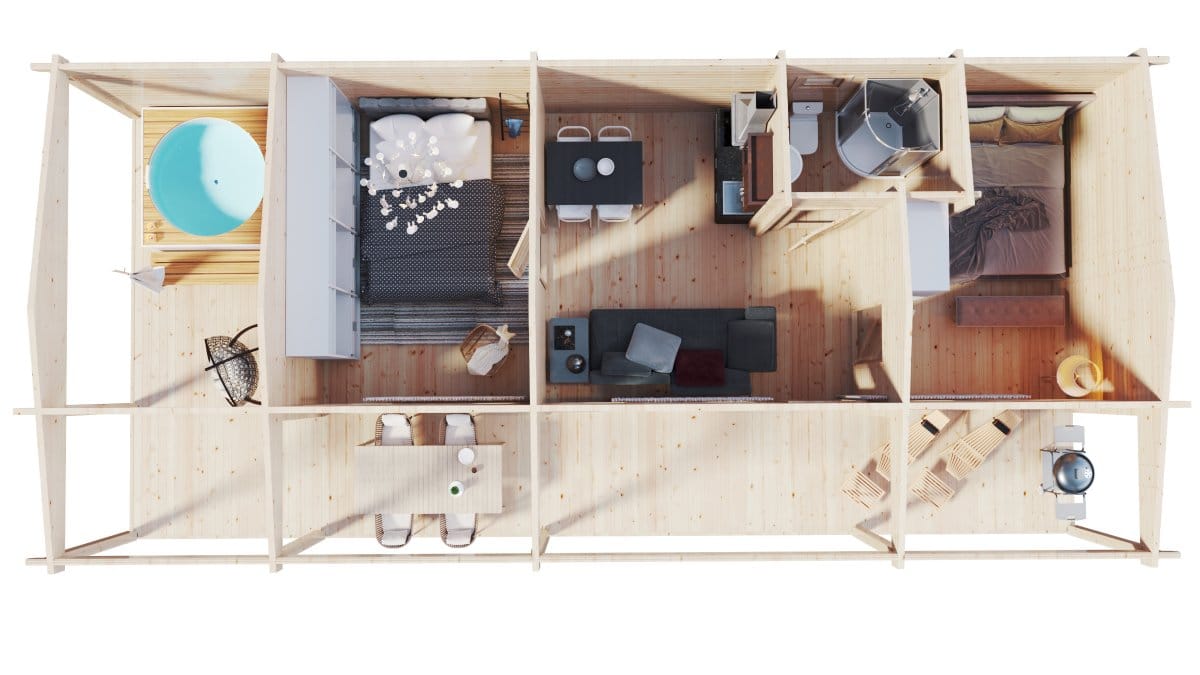 Blockhaus mit 2 Schlafzimmern und Terrasse “Edward” 13x6m | Großes Gartenhaus 13x6m | Blockhaus | Blockbohlenhaus – Bild 2