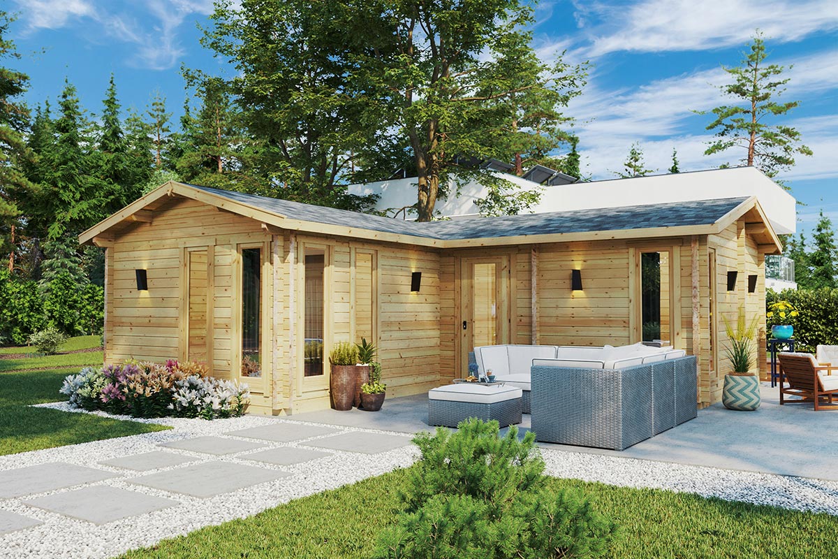 Eck-Blockhaus mit Schlafzimmer “Devon 1” 8x8m Eck-Blockhaus mit Schlafzimmer “Devon 1” 8x8m