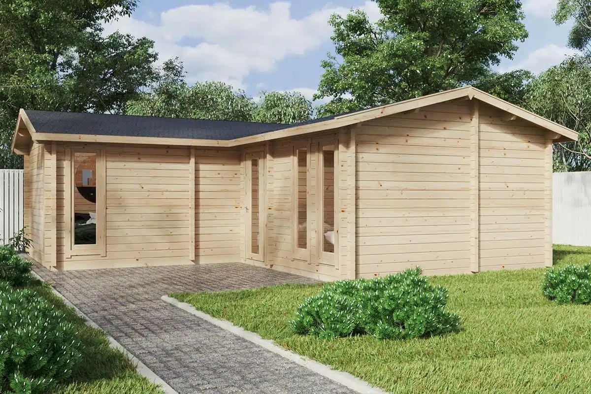 Eck-Blockhaus mit zwei Schlafzimmern “Devon 2” 8x8m | Großes Gartenhaus 4x6m | Blockhaus | Blockbohlenhaus | Sommerhaus kaufen – Bild 2