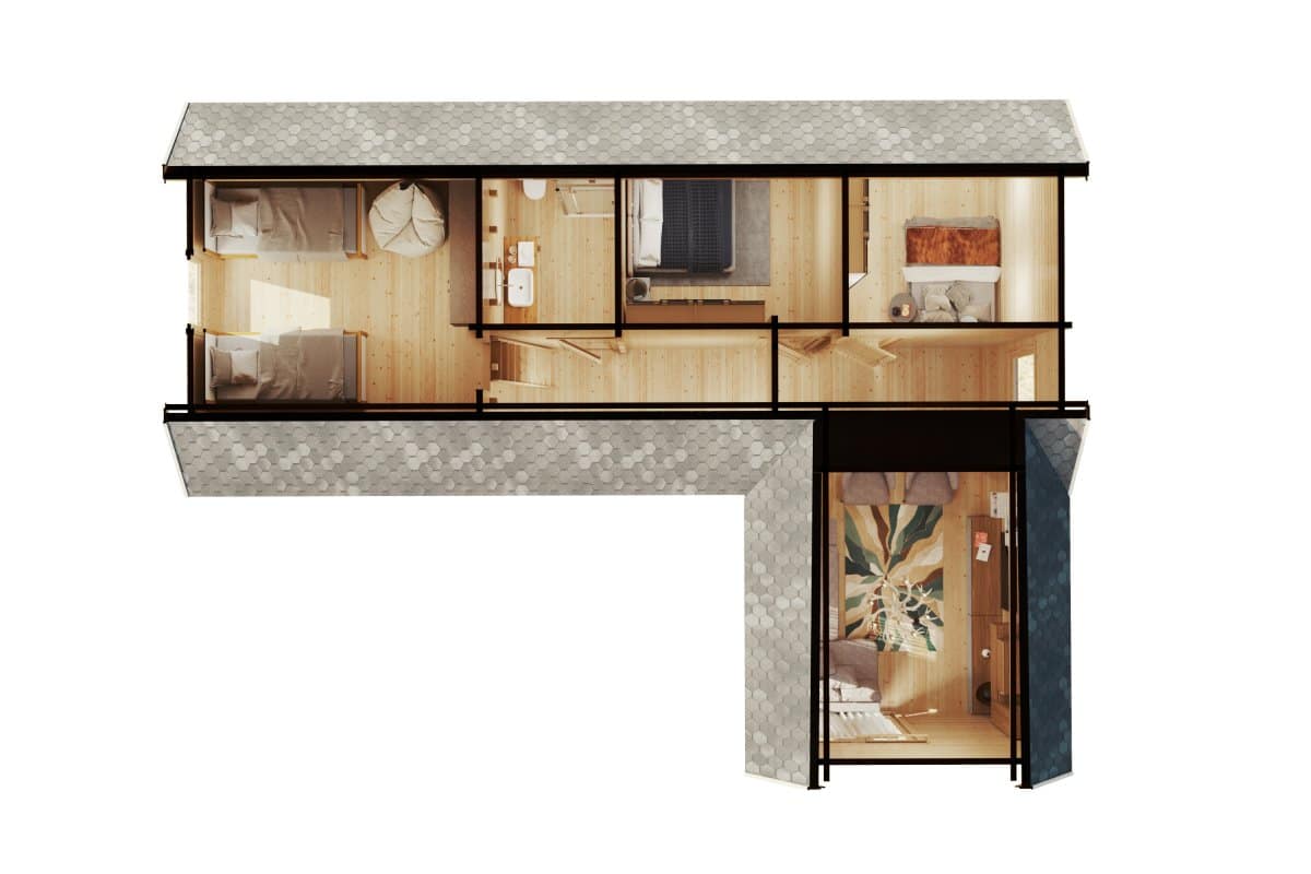 Großes Blockhaus mit Schlafboden “Holiday Max 1” 12x9m | Ferienblockhaus mit zwei Schlafzimmern und Schlafboden | Holzblockhaus – Bild 2