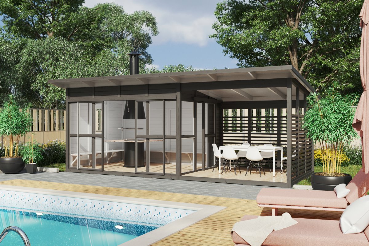 Großer Grillpavillon mit Terrasse “Elias XL” 7x4m Großer Grillpavillon mit Terrasse “Elias XL” 7x4m