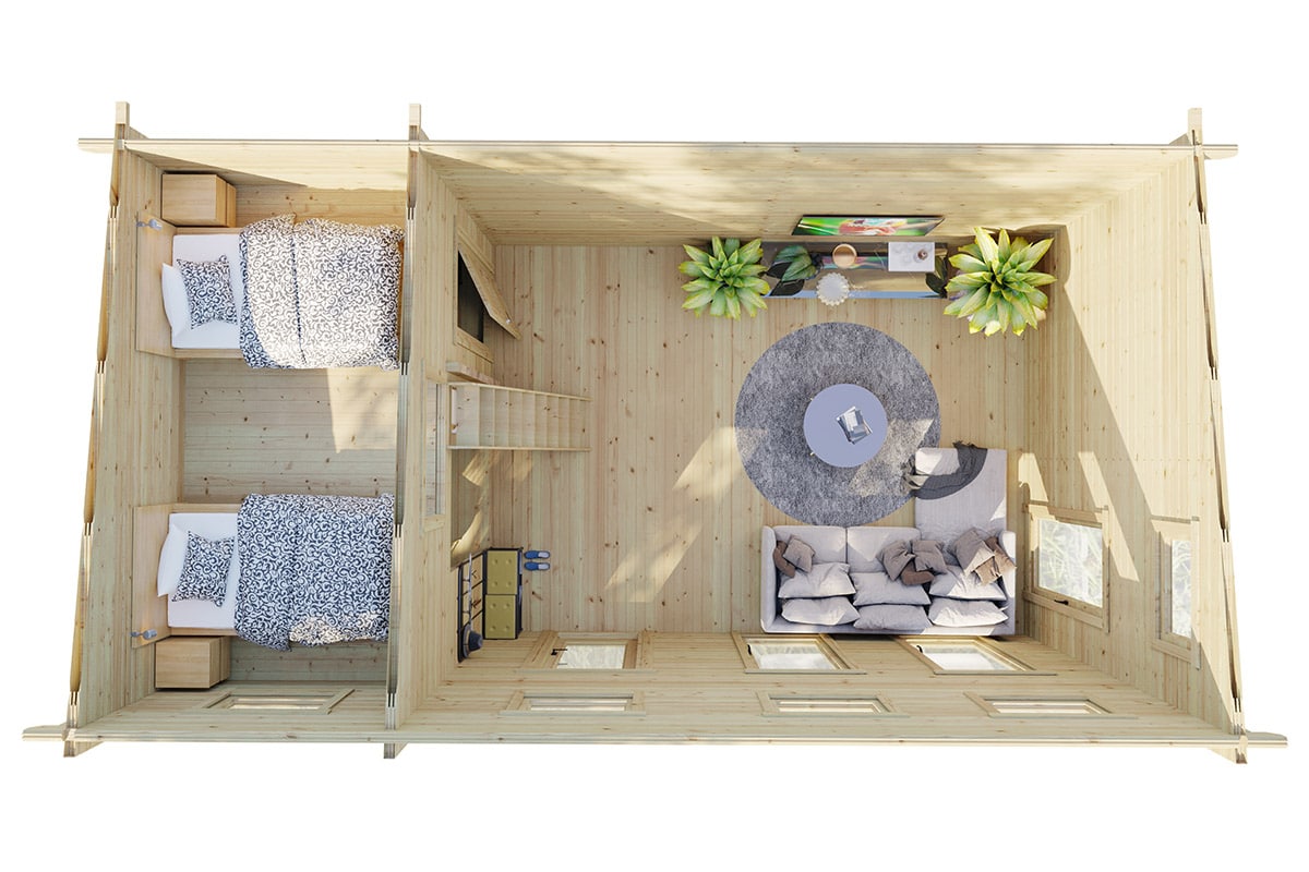 Blockbohlenhaus mit Schlafboden “Schweden Q” 7x4m | Skandinavisches Blockhaus mit Schlafboden | Modernes Holzhaus | Fertighaus – Bild 2