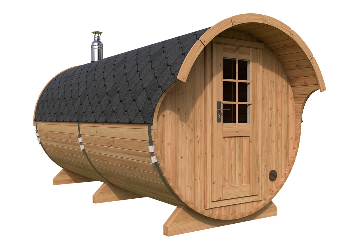 Große Fasssauna mit Vordach 4x2m Große Fasssauna mit Vordach 4x2m