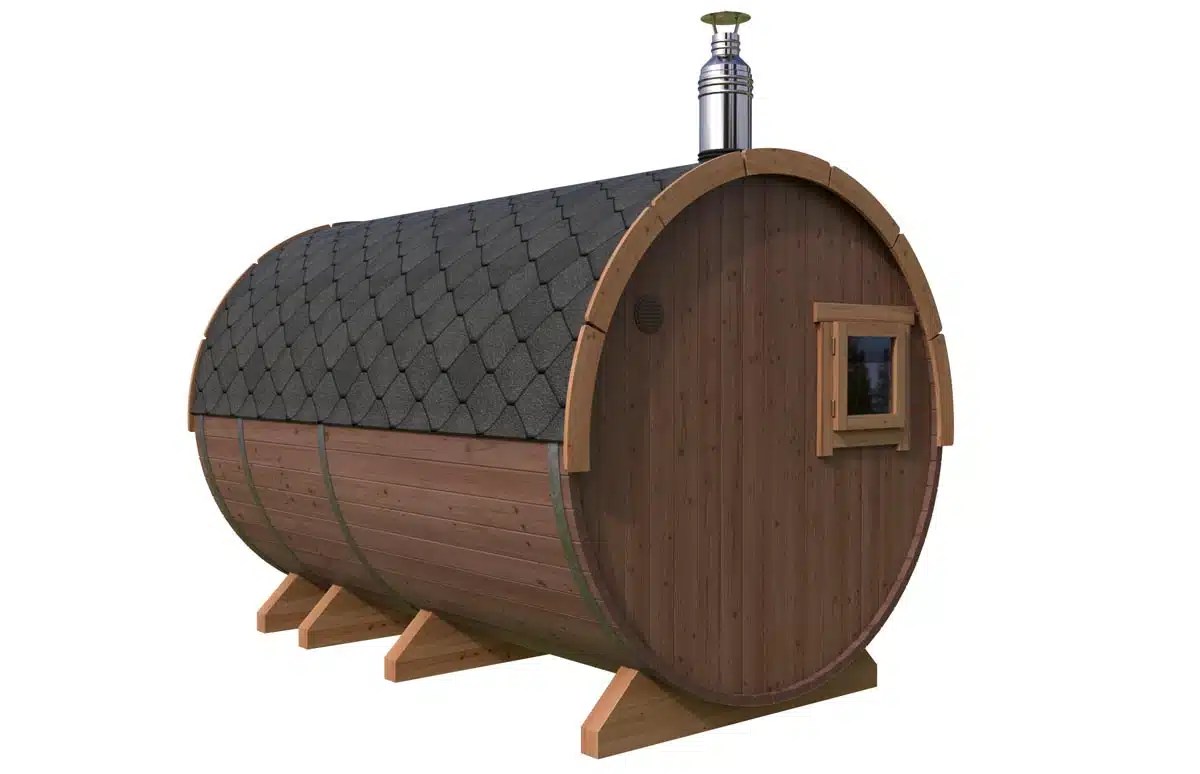 Fasssauna „Standard“ mit Terrasse 3x2m | Sauna mit Terrasse | Fasssauna kaufen | Holz-Sauna kaufen | Saunafass aus Thermoholz oder Fichtenholz – Bild 2