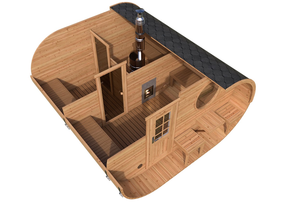 Großes Fasssauna Oval „Deluxe“ 4x4m | Große Sauna mit Terrasse kaufen | Saunafass aus Holz mit Terrasse | Sauna aus Thermoholz oder Fichtenholz – Bild 2