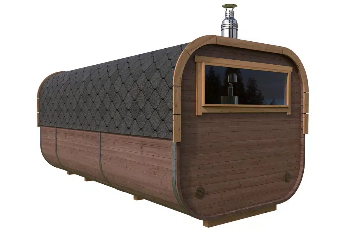 Großes Saunafass Deluxe 2x5m | Große Sauna mit Terrasse kaufen | Holz-Saunafass mit Terrasse | Fasssauna mit Holzofen oder Elektroofen – Bild 2