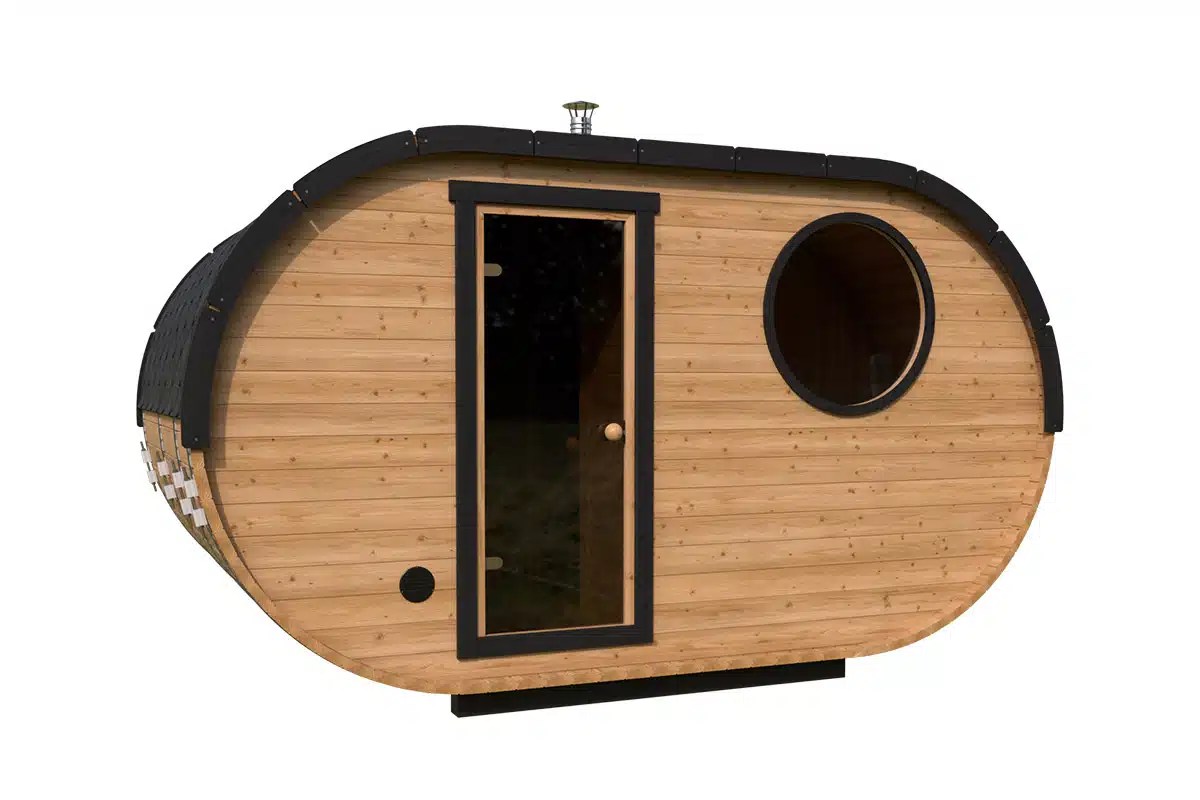 Kleine Ovale Fasssauna 4×2.5m | Kleine Sauna kaufen | Saunafass aus Holz mit Vorraum | Kleine Fasssauna mit Holzofen oder Elektroofen – Bild 2