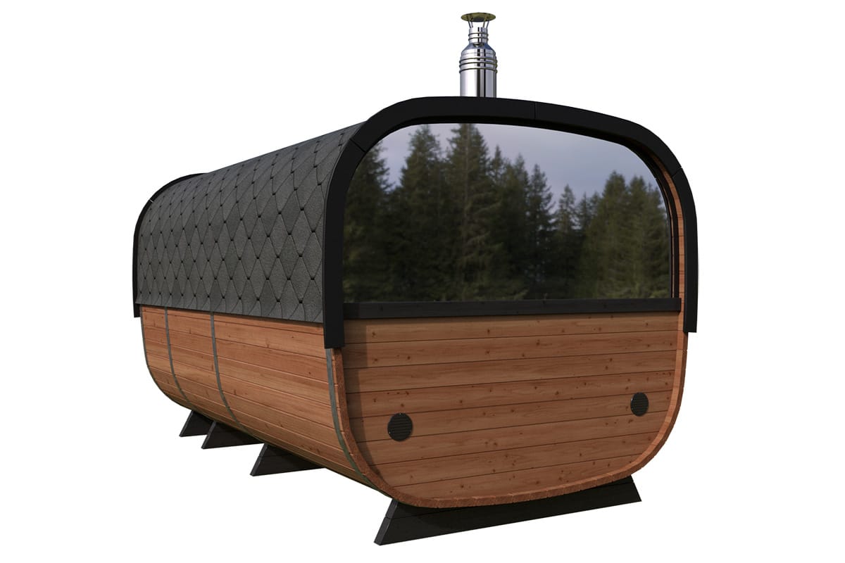 Moderne Saunafass „Deluxe“ 4x2m | Moderne Sauna mit Terrasse kaufen | Saunafass aus Holz mit Terrasse | Fasssauna mit Holzofen oder Elektroofen – Bild 2