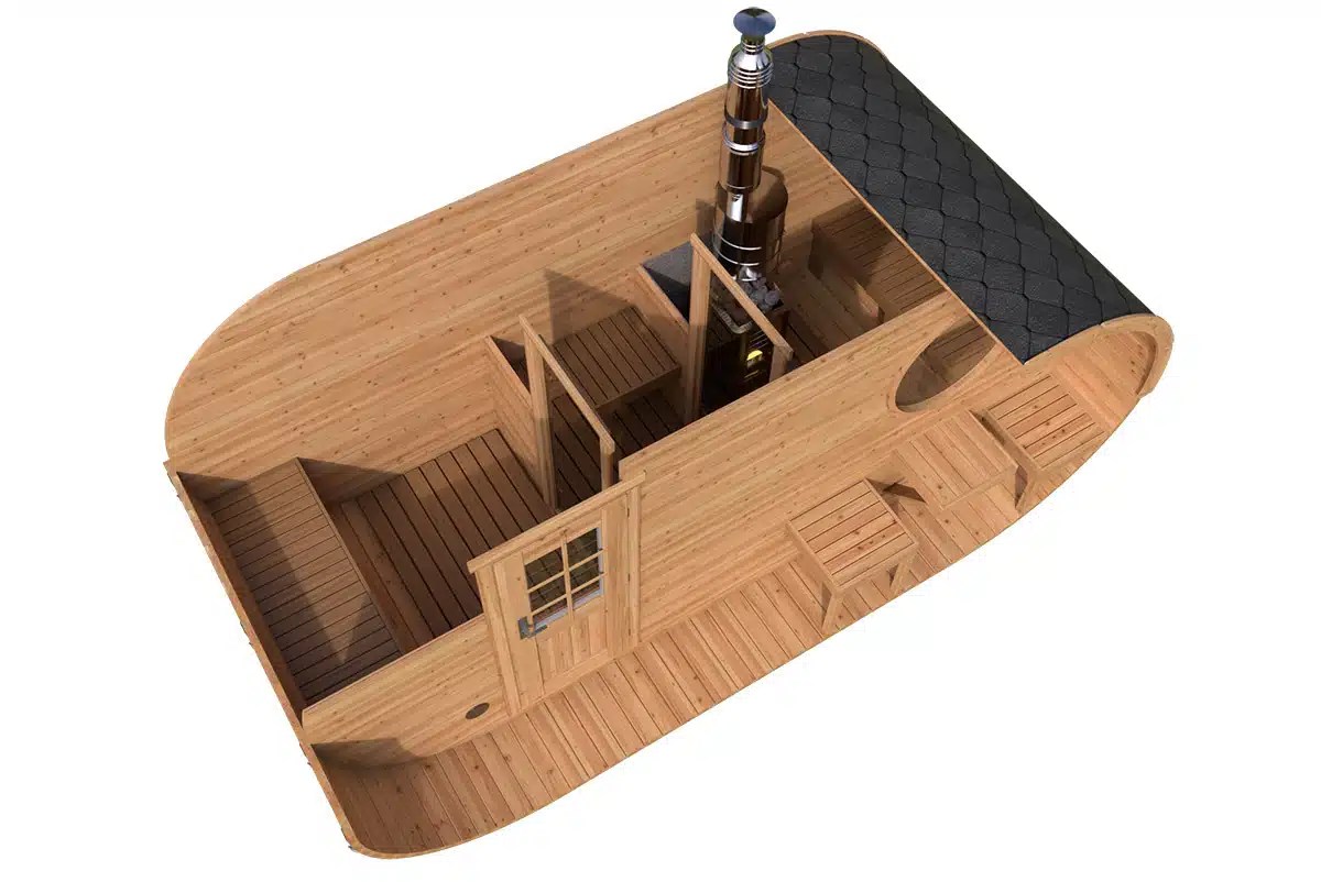 Ovale Fasssauna 5×2.5m | Holz-Sauna kaufen | Saunafass aus Holz mit Vorraum | Fasssauna mit Holzofen oder Elektroofen – Bild 2
