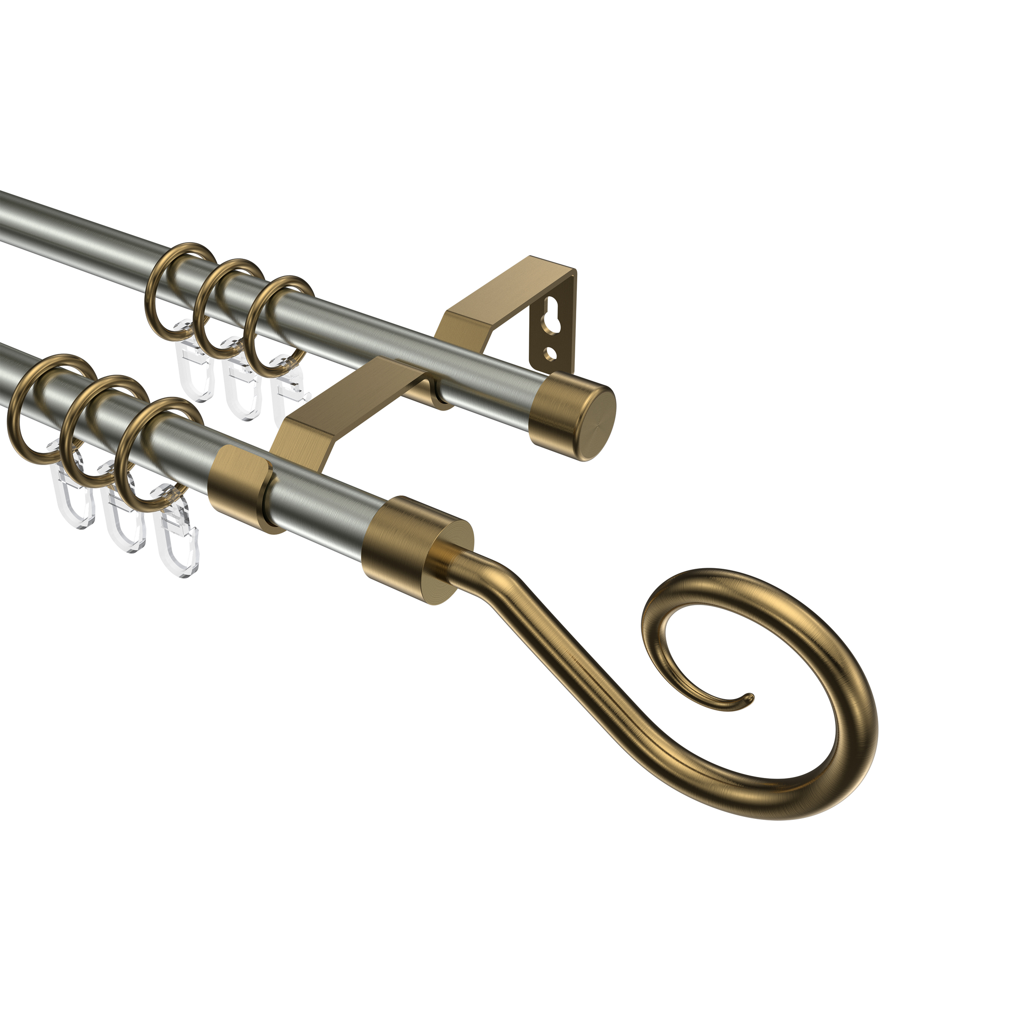 Vorhangstange Edelstahl-Optik / Messing Antik, Metall 16 mm Ø Olymp Allegra, doppelläufig Vorhangstange Edelstahl-Optik / Messing Antik, Metall 16 mm Ø Olymp Allegra, doppelläufig
