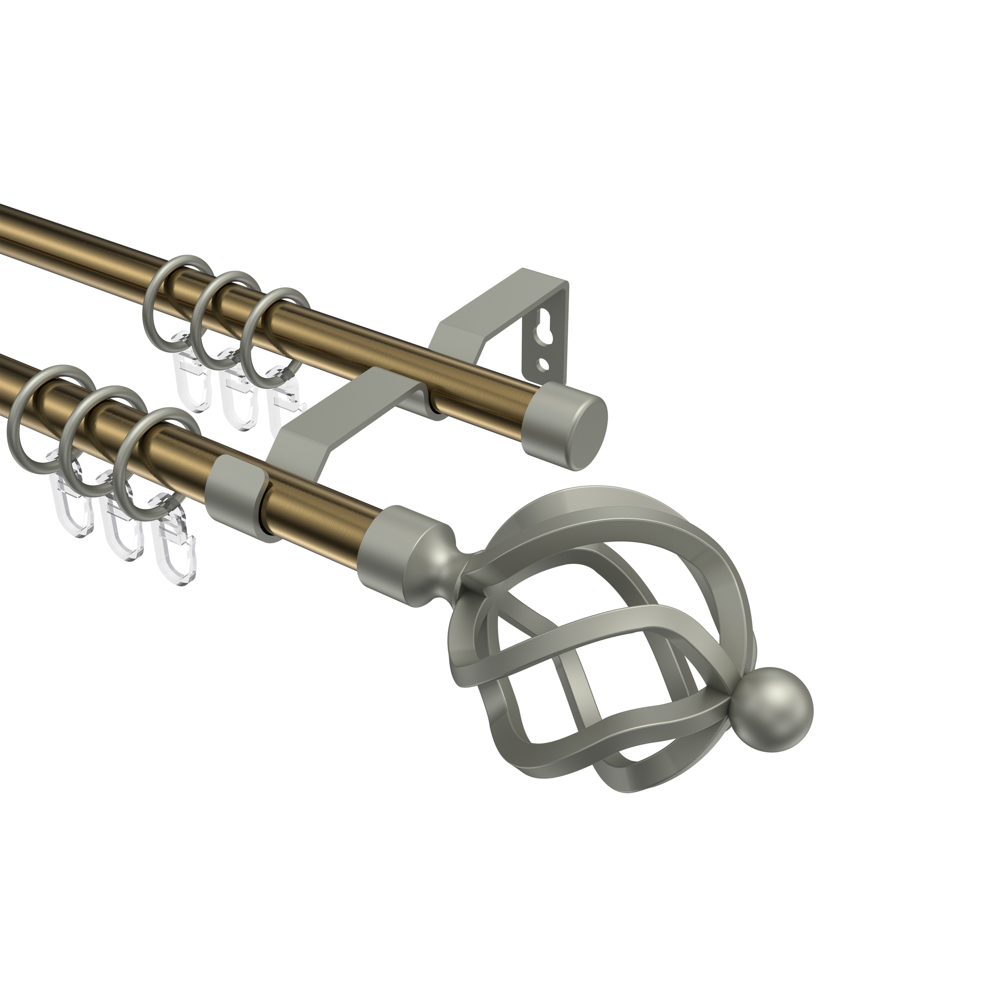 Gardinenstange Messing Antik / Chrom matt, Metall 16 mm Ø Olymp Paolo, doppelläufig Gardinenstange Messing Antik / Chrom matt, Metall 16 mm Ø Olymp Paolo, doppelläufig