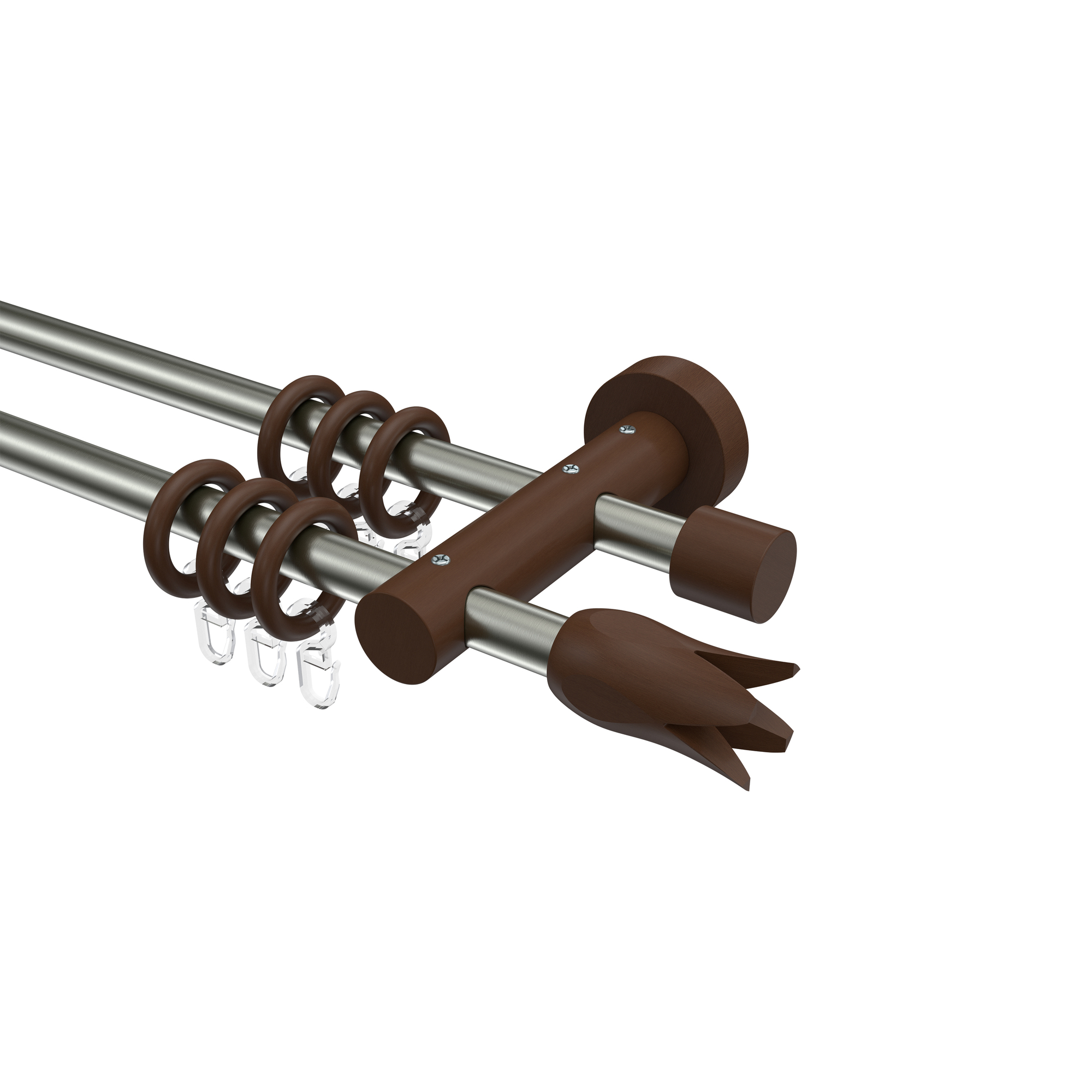 Gardinenstangen 16 mm Ø Metall / Holz in Edelstahl-Optik / Nussbaum lackiert doppelläufig Adrian Flower Gardinenstangen 16 mm Ø Metall / Holz in Edelstahl-Optik / Nussbaum lackiert doppelläufig Adrian Flower