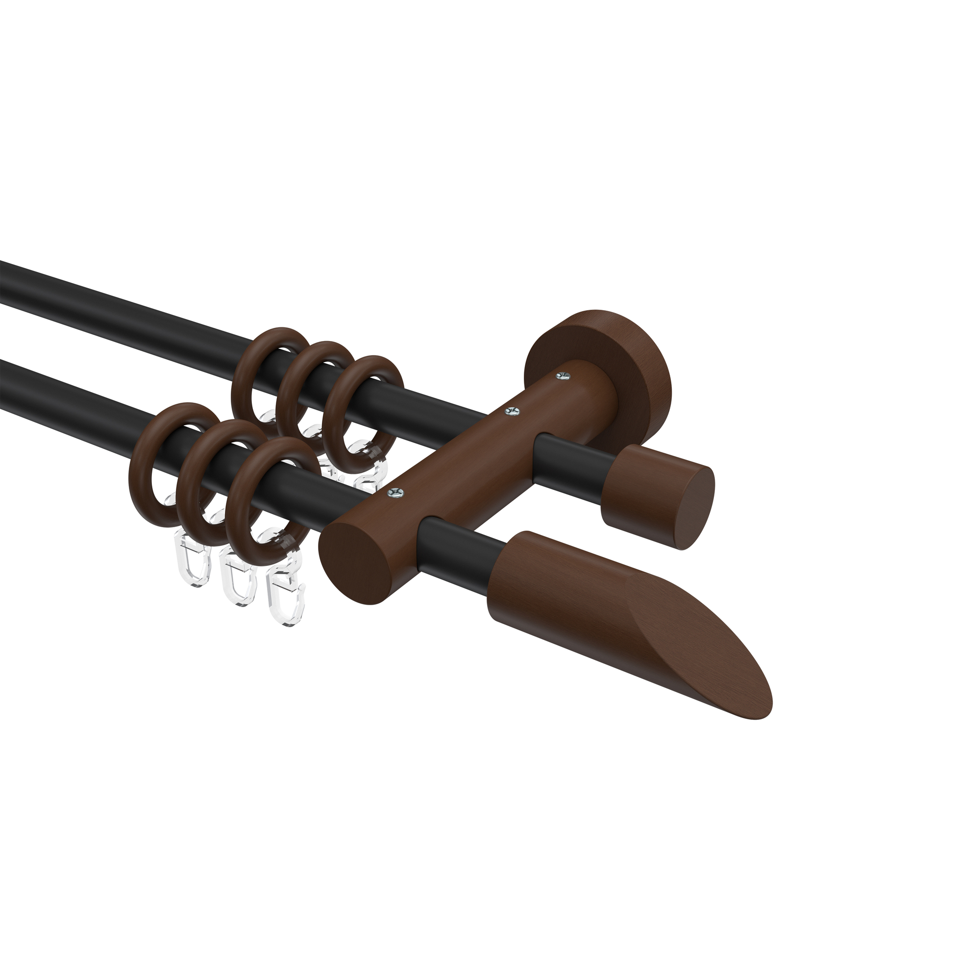 Gardinenstangen 16 mm Ø Metall / Holz in Schwarz / Nussbaum lackiert doppelläufig Adrian Franca Gardinenstangen 16 mm Ø Metall / Holz in Schwarz / Nussbaum lackiert doppelläufig Adrian Franca