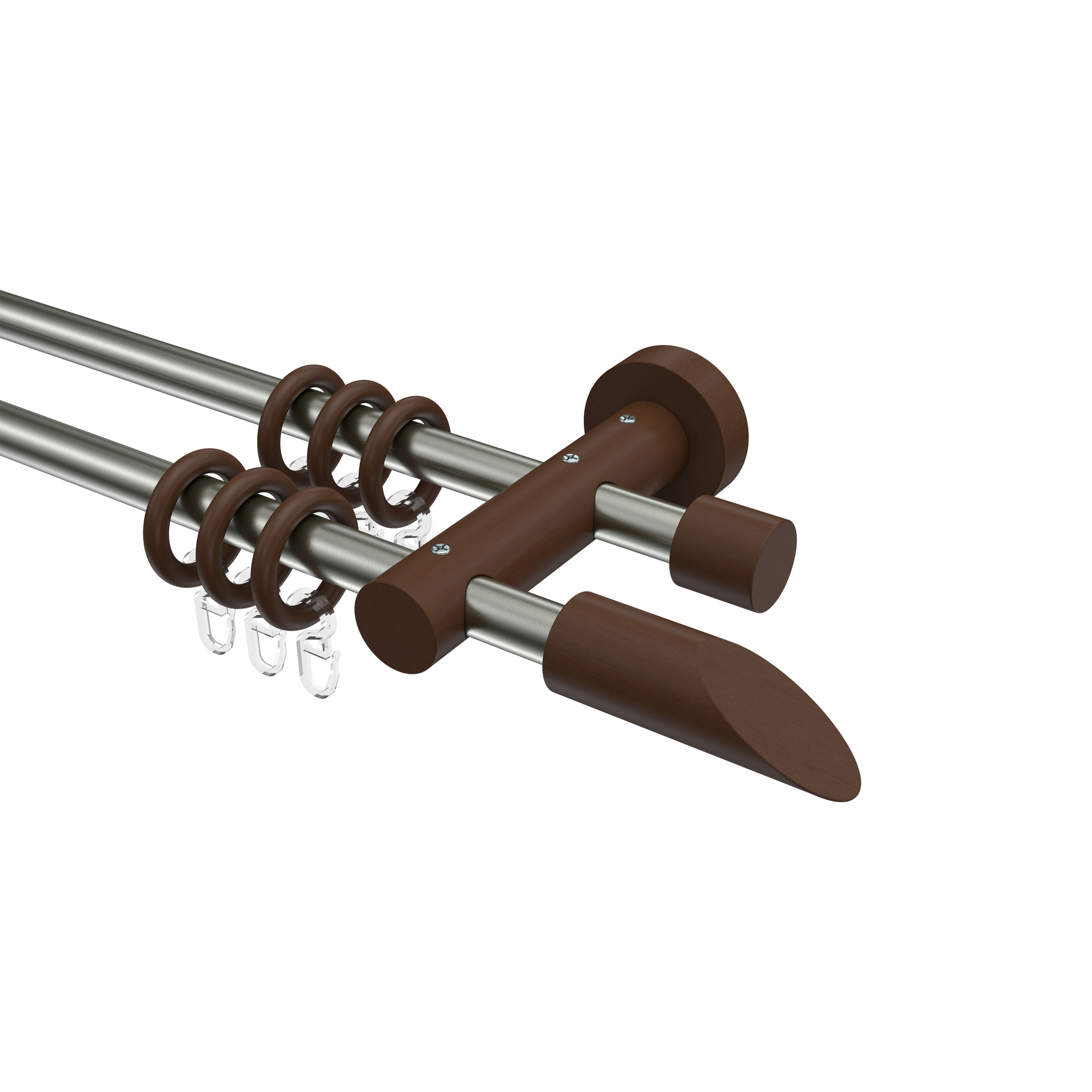 Vorhangstangen 16 mm Ø Metall / Holz in Edelstahl-Optik / Nussbaum lackiert doppelläufig Adrian Franca Vorhangstangen 16 mm Ø Metall / Holz in Edelstahl-Optik / Nussbaum lackiert doppelläufig Adrian Franca