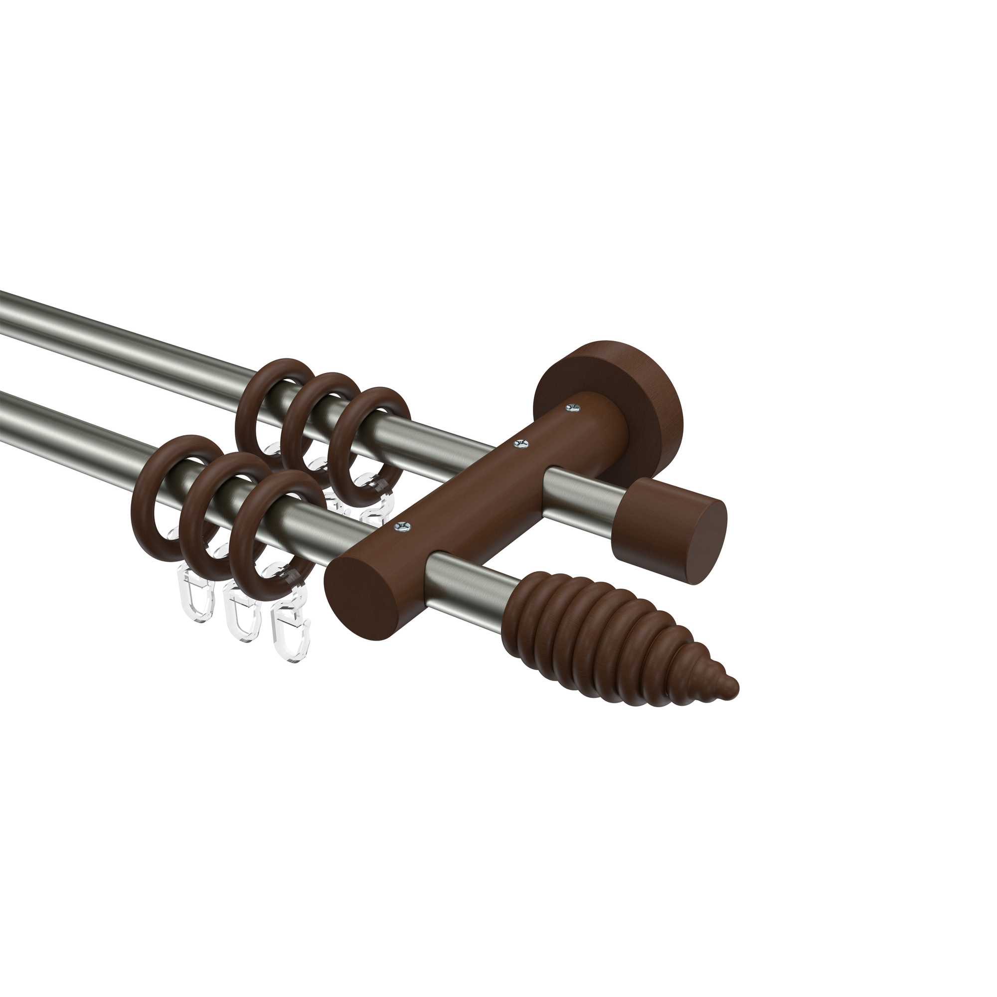 Gardinenstangen 16 mm Ø Metall / Holz in Edelstahl-Optik / Nussbaum lackiert doppelläufig Adrian Asta Gardinenstangen 16 mm Ø Metall / Holz in Edelstahl-Optik / Nussbaum lackiert doppelläufig Adrian Asta